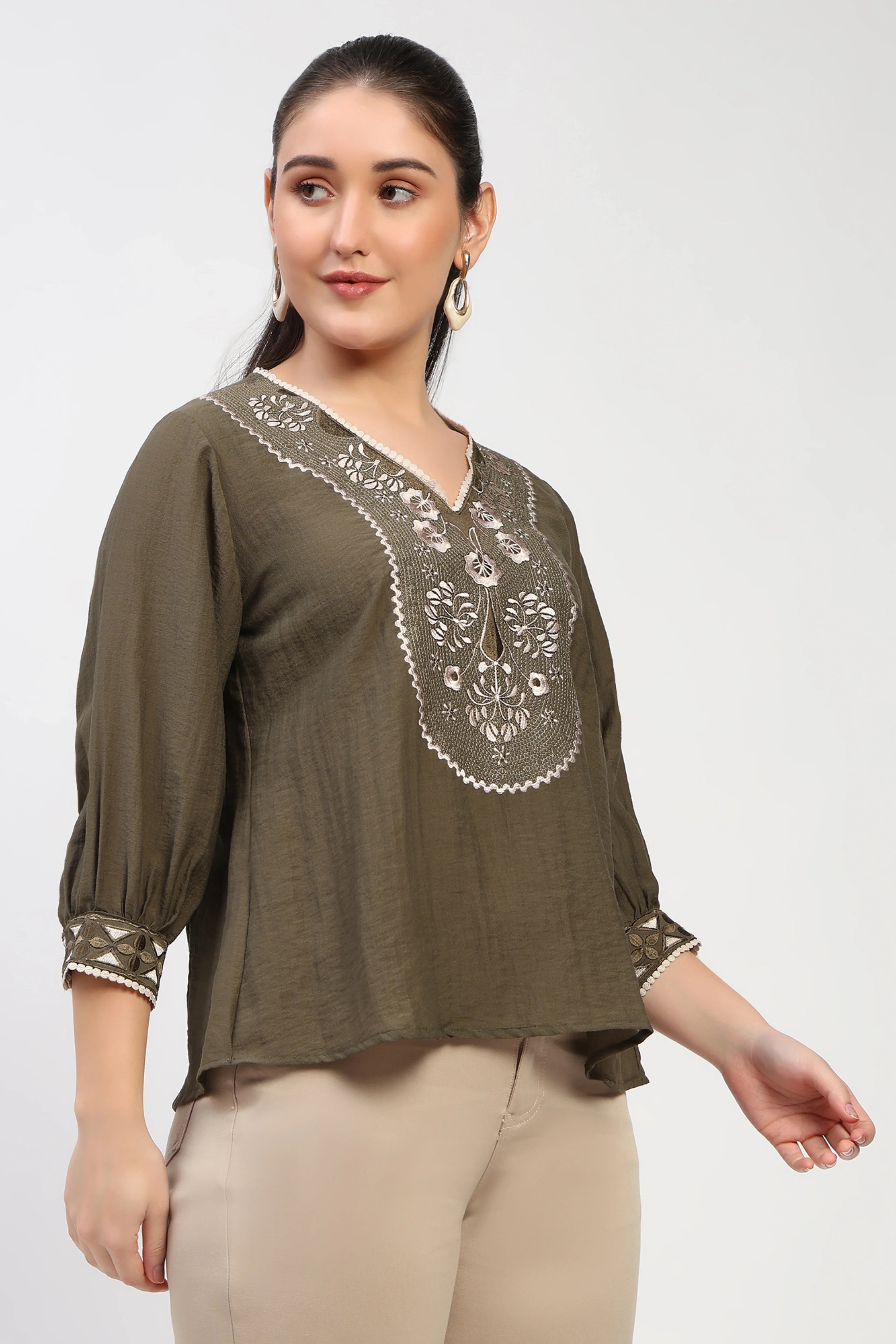 Olive Floral Embroidered Top-Global Republic