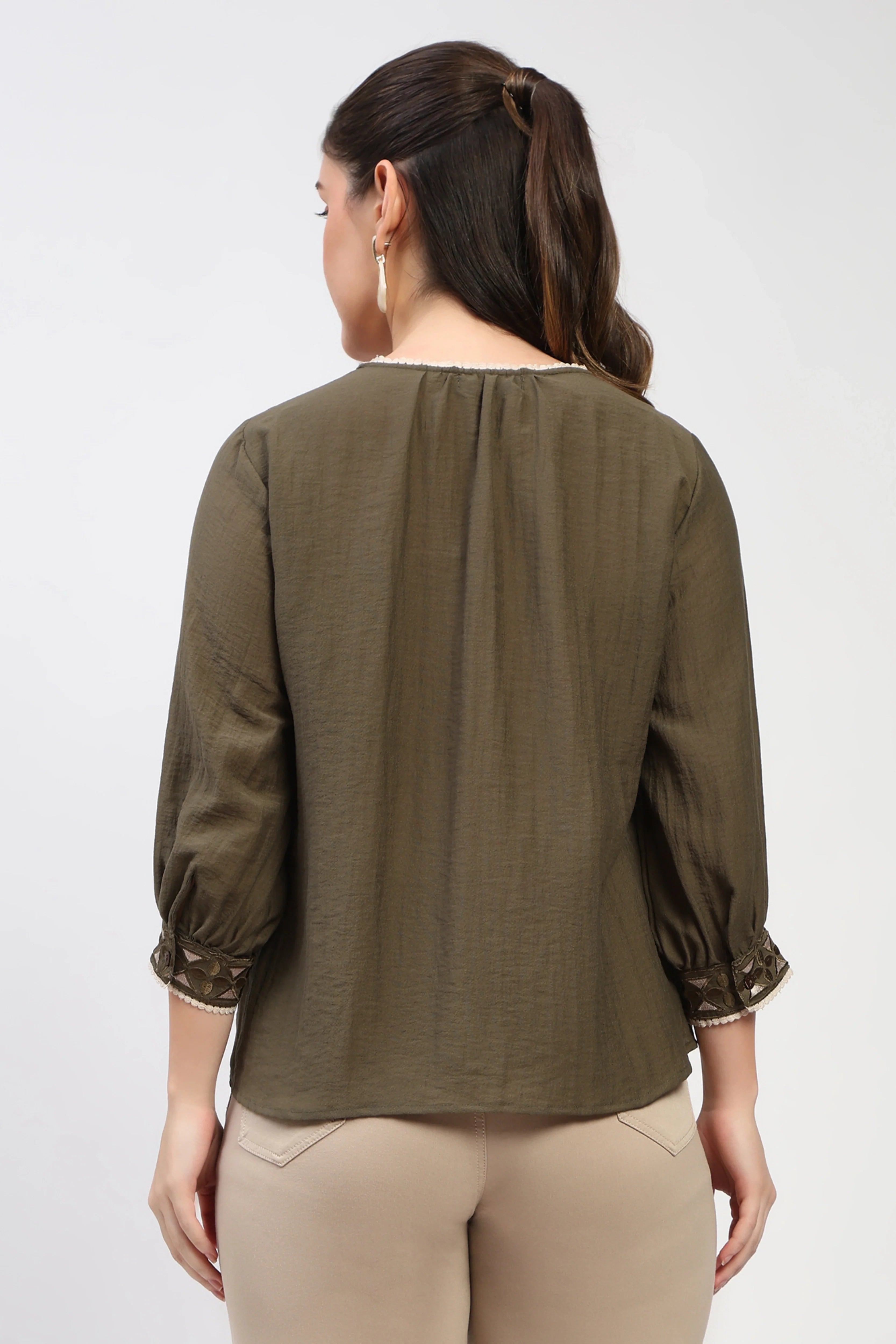 Olive Floral Embroidered Top-Global Republic
