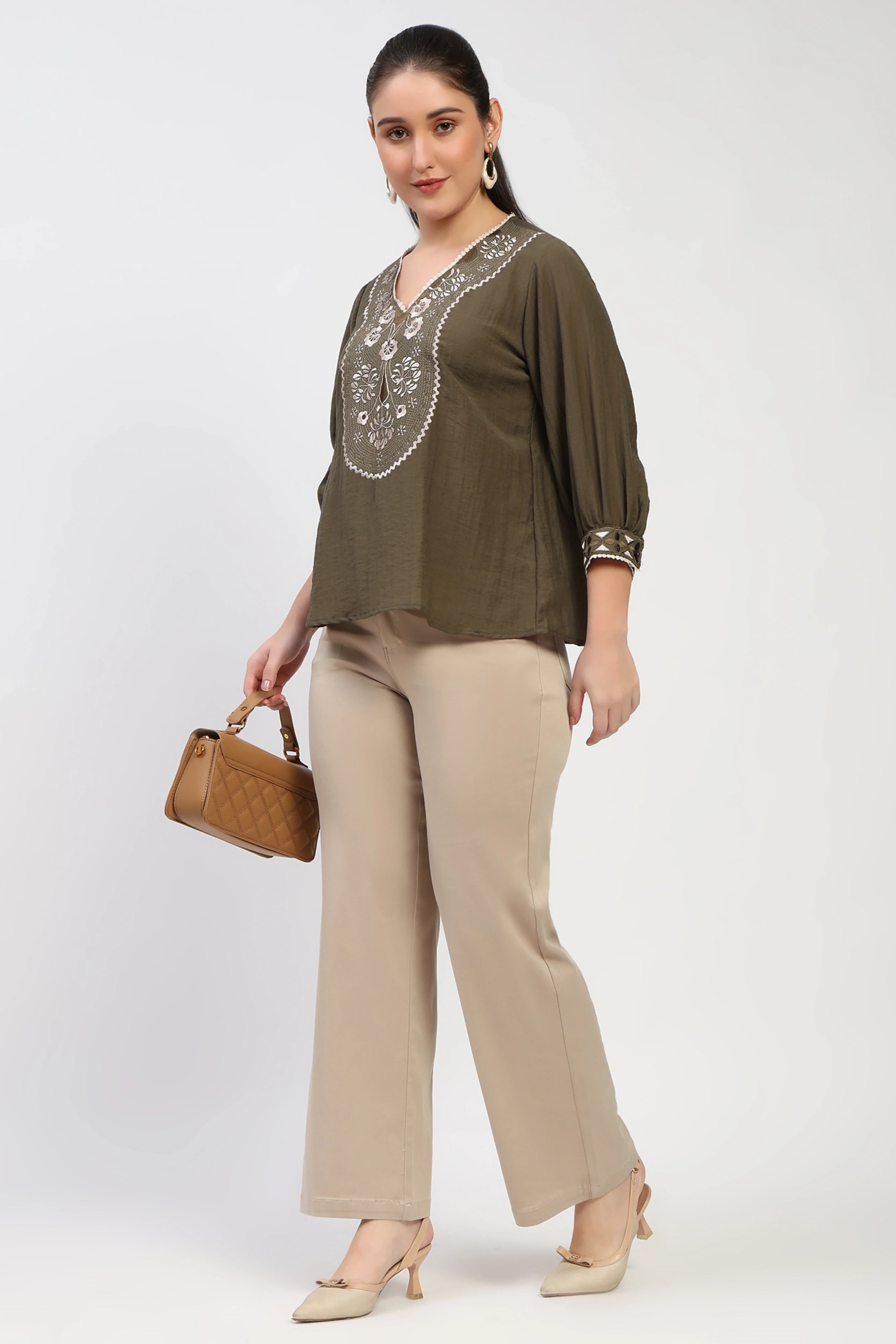 Olive Floral Embroidered Top-Global Republic