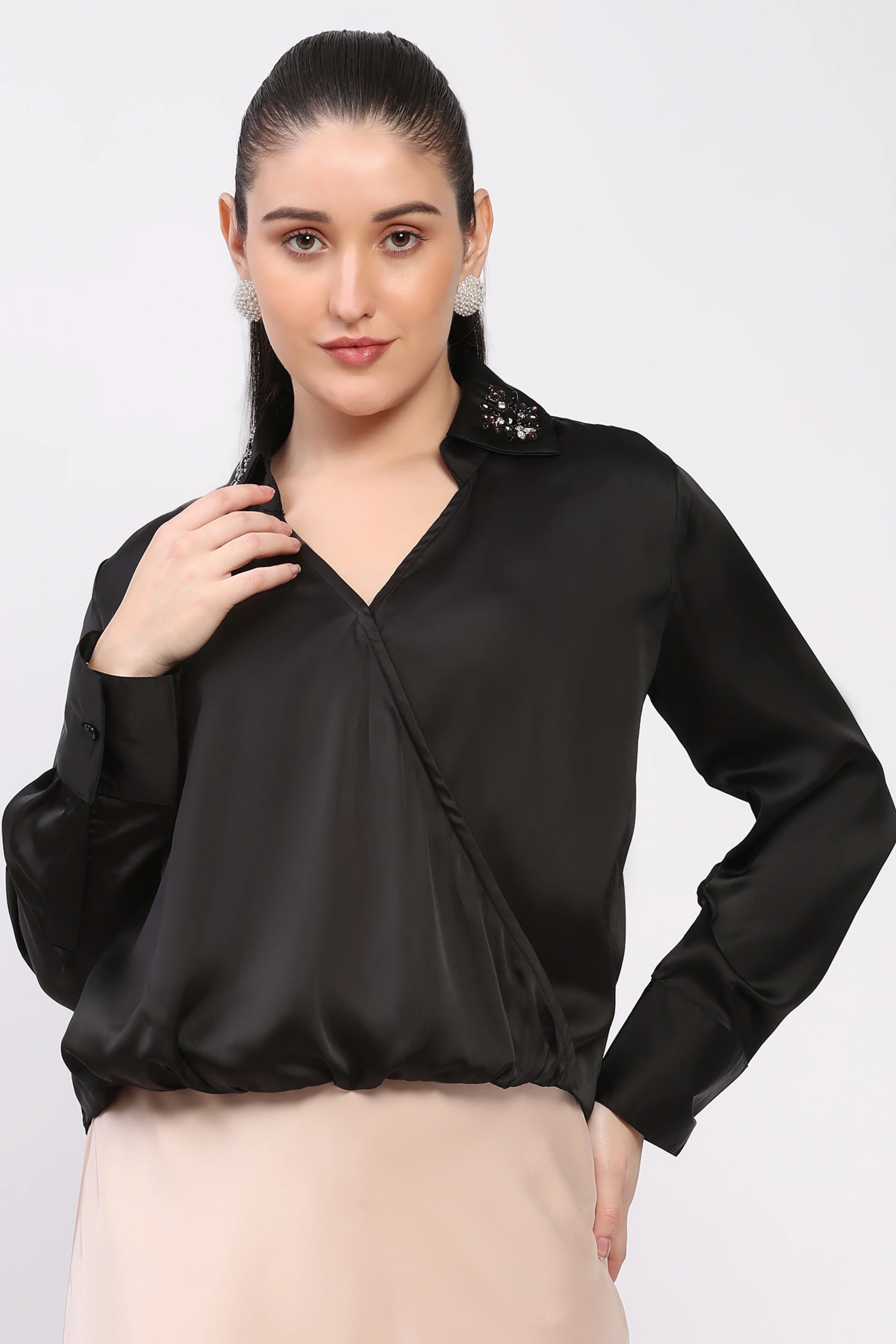 Black Studded Satin Party Top-Global Republic