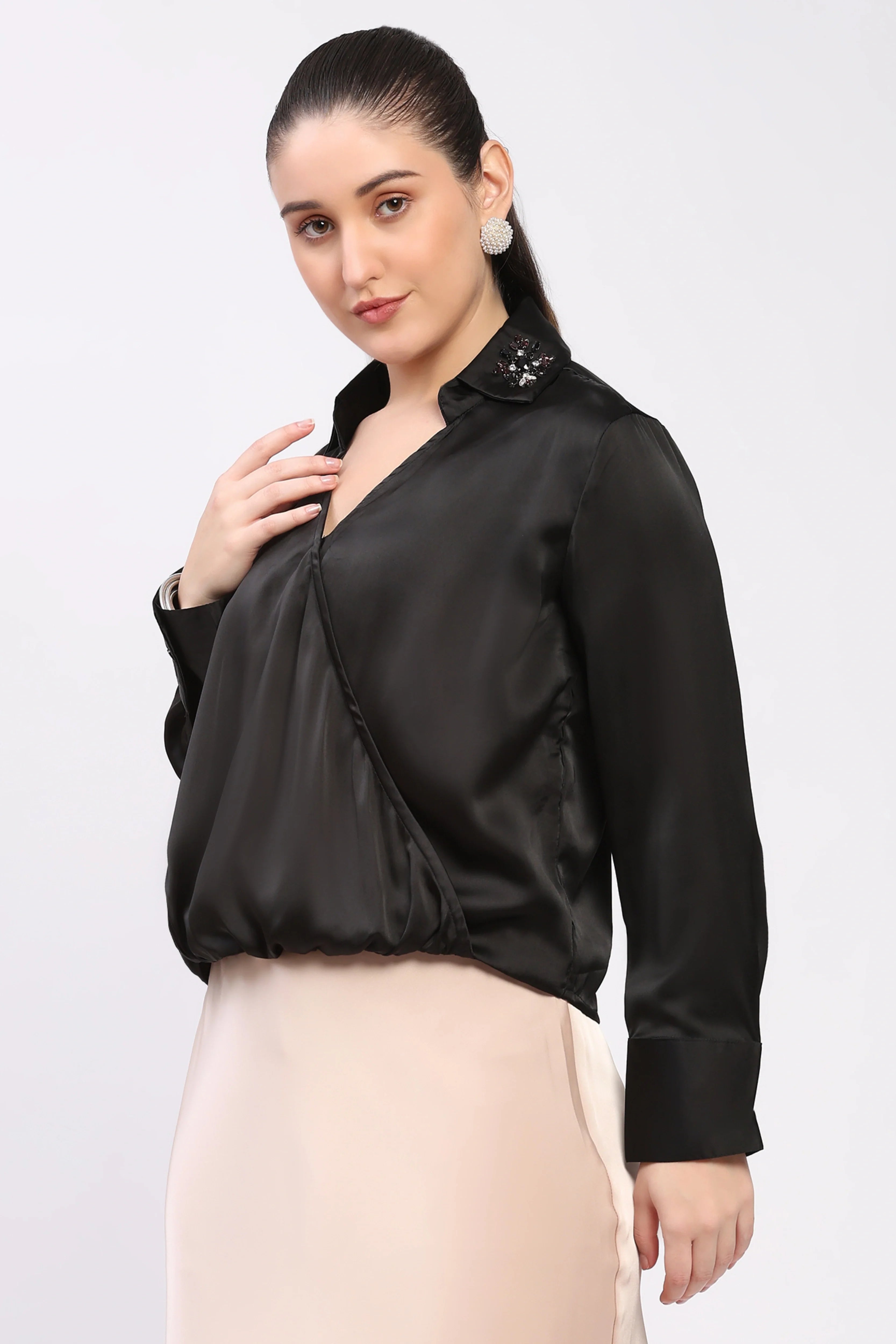 Black Studded Satin Party Top-Global Republic