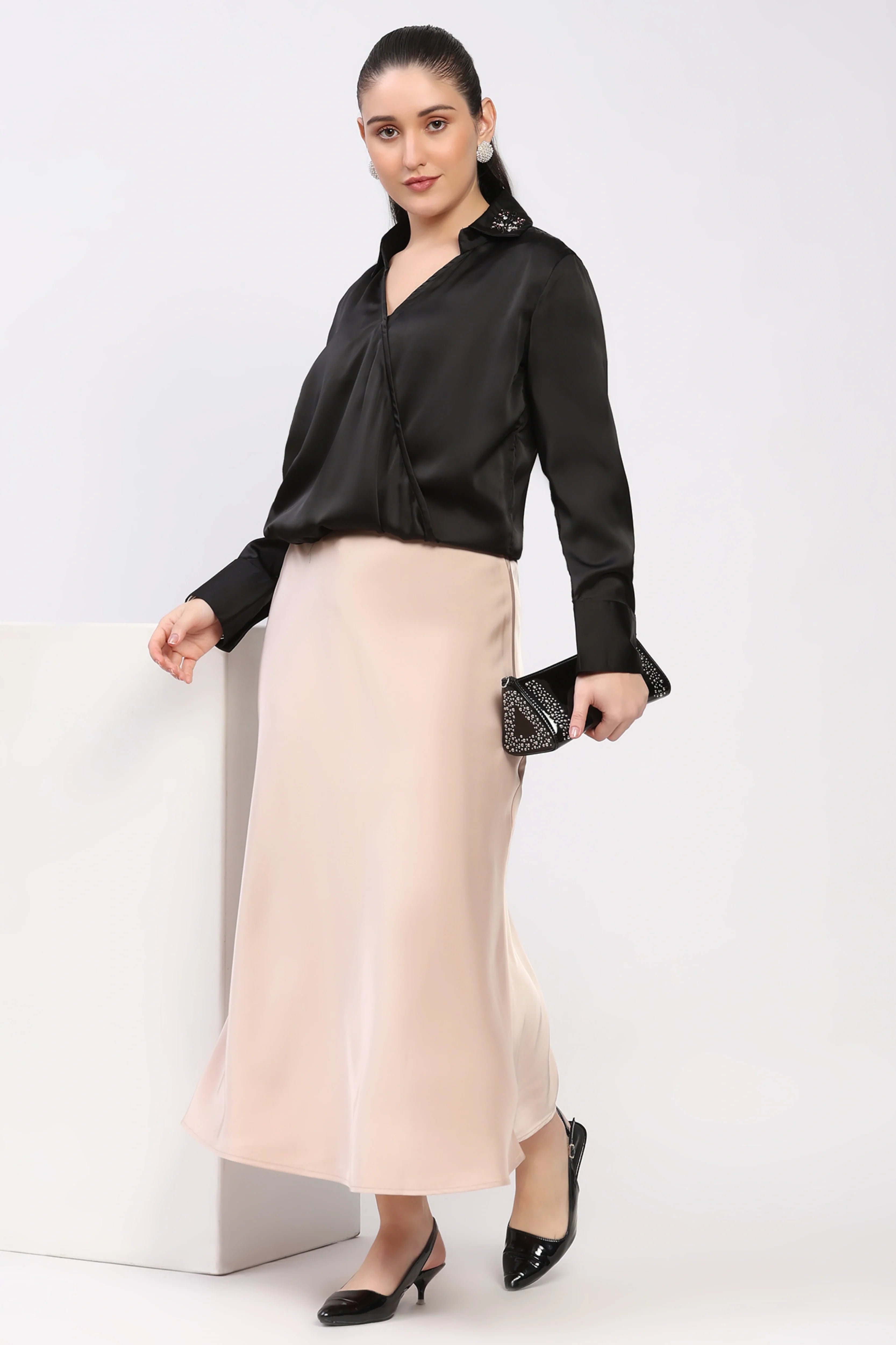 Black Studded Satin Party Top-Global Republic