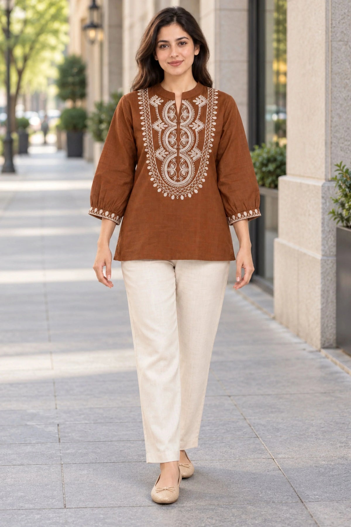 Brown Embroidered Cotton Top-Global Republic