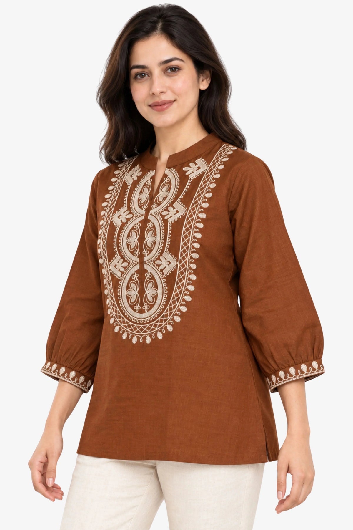 Brown Embroidered Cotton Top-Global Republic