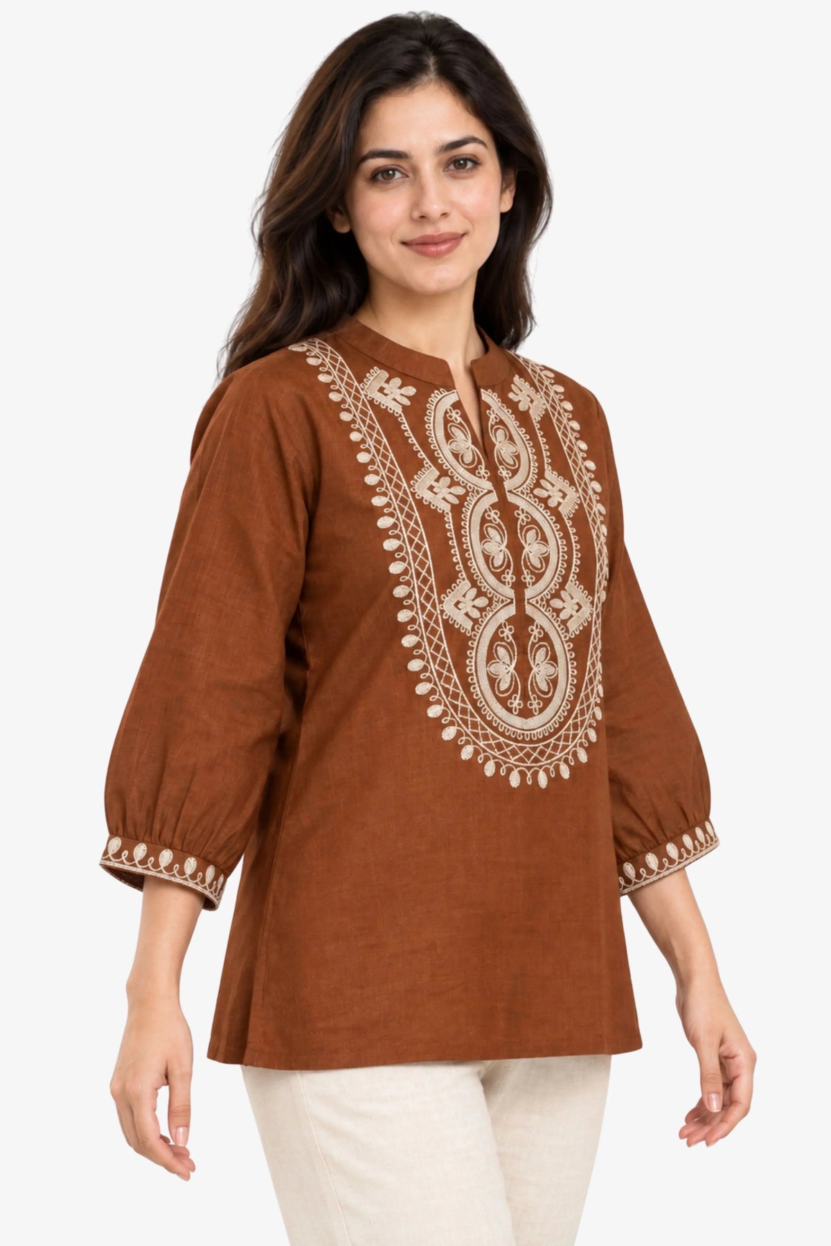 Brown Embroidered Cotton Top-Global Republic