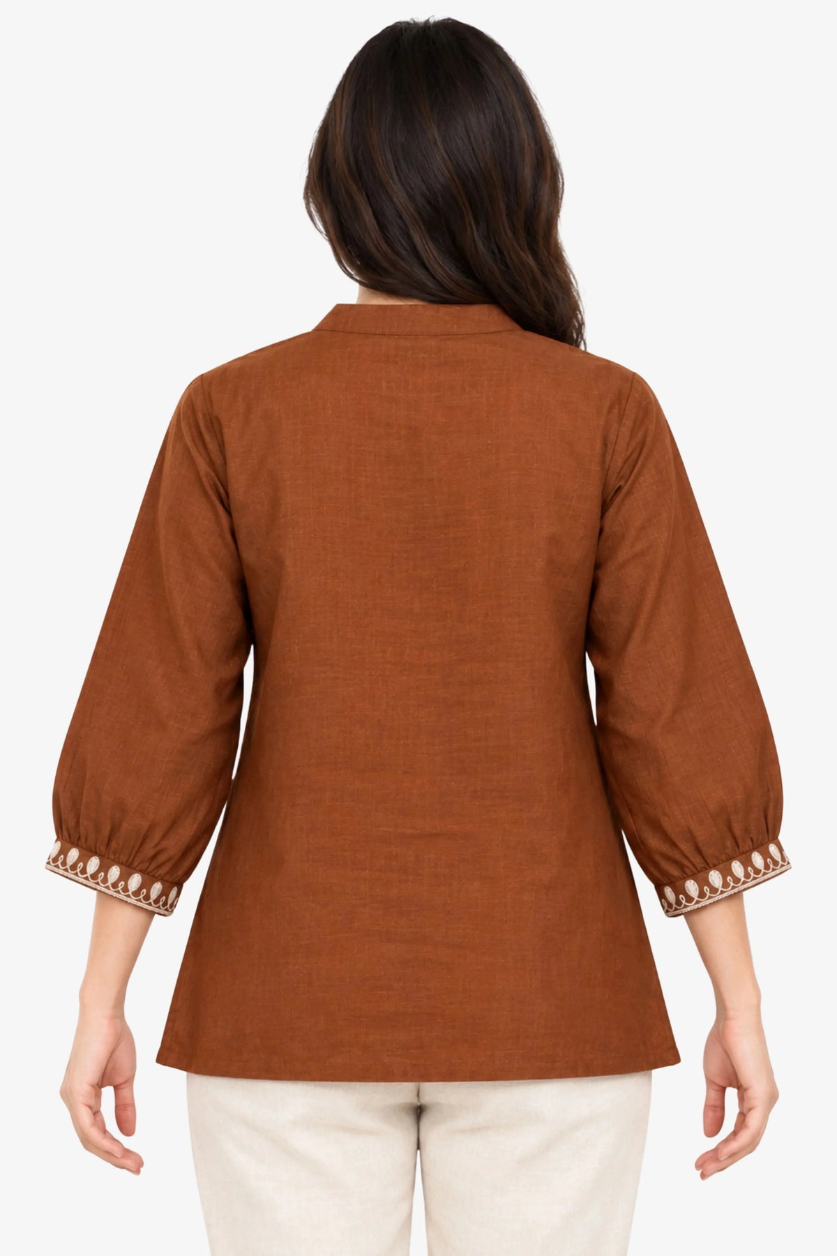 Brown Embroidered Cotton Top-Global Republic