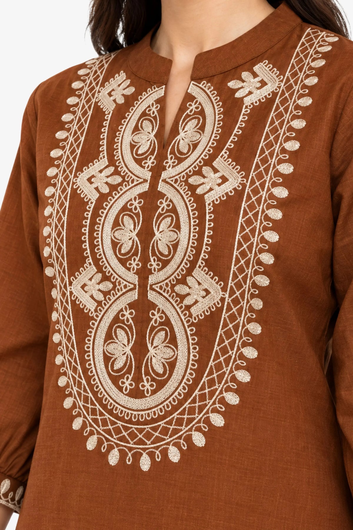 Brown Embroidered Cotton Top-Global Republic