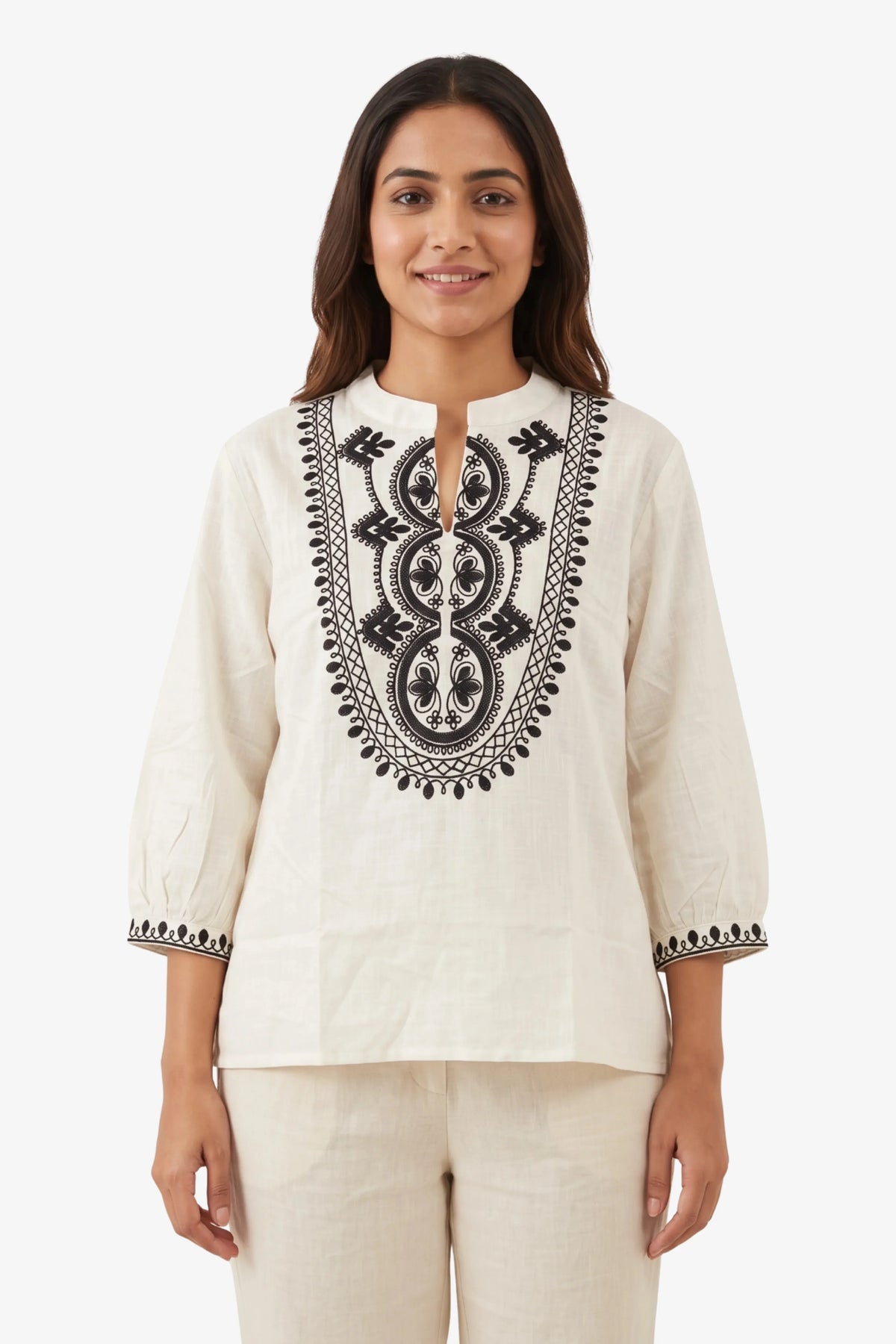White Embroidered Cotton Top-Global Republic