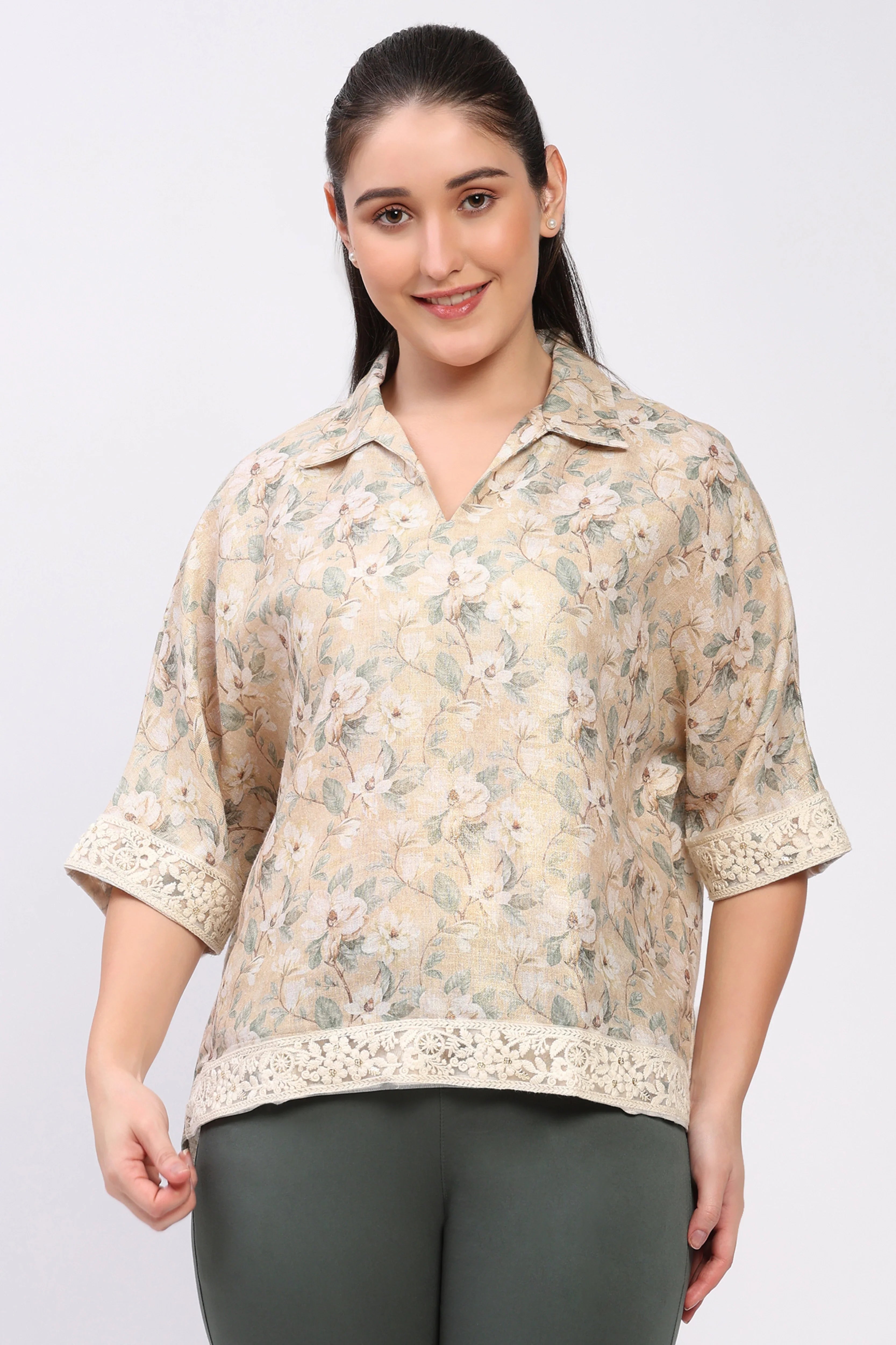 Beige Floral Lace-Trim Top-Global Republic