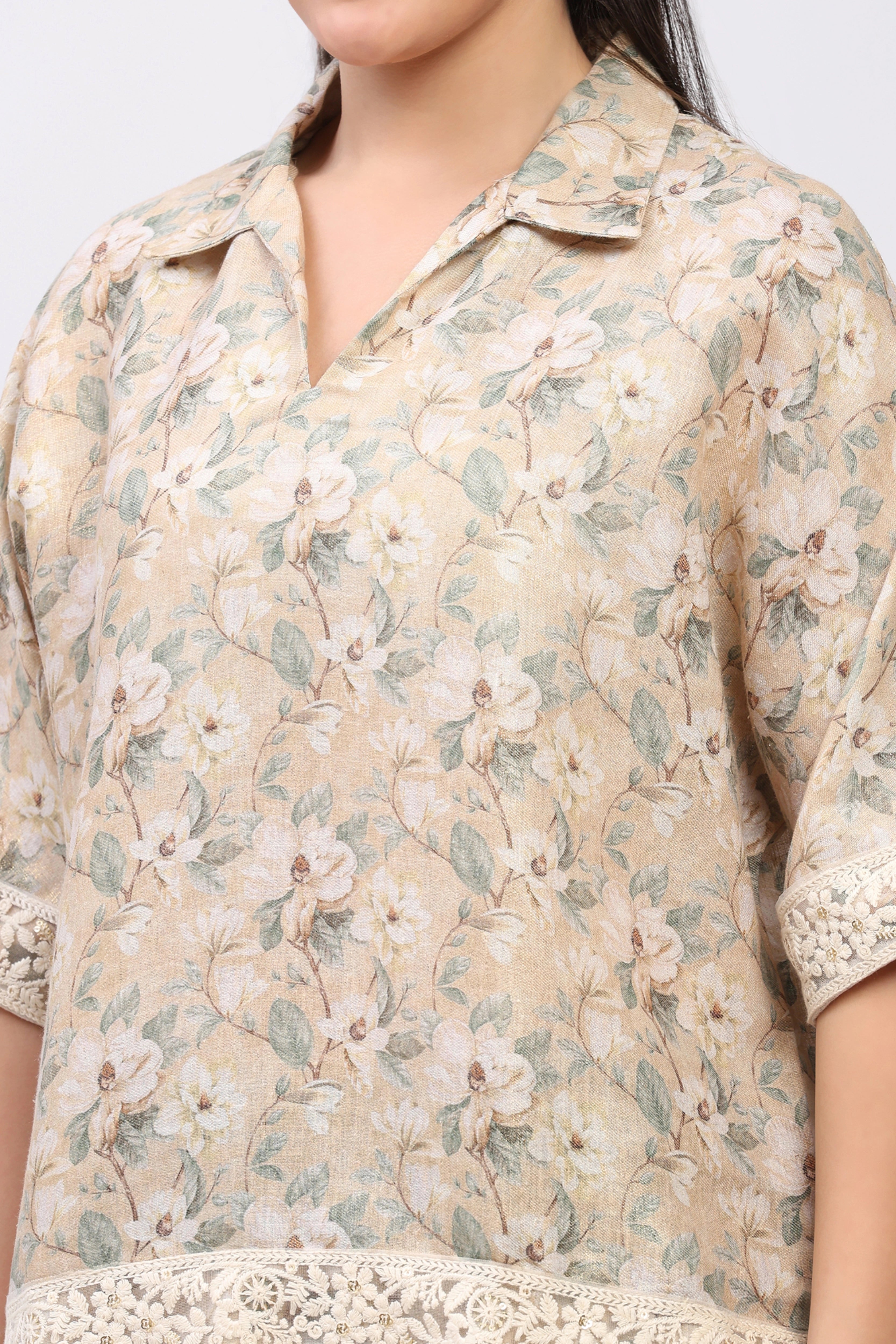 Beige Floral Lace-Trim Top