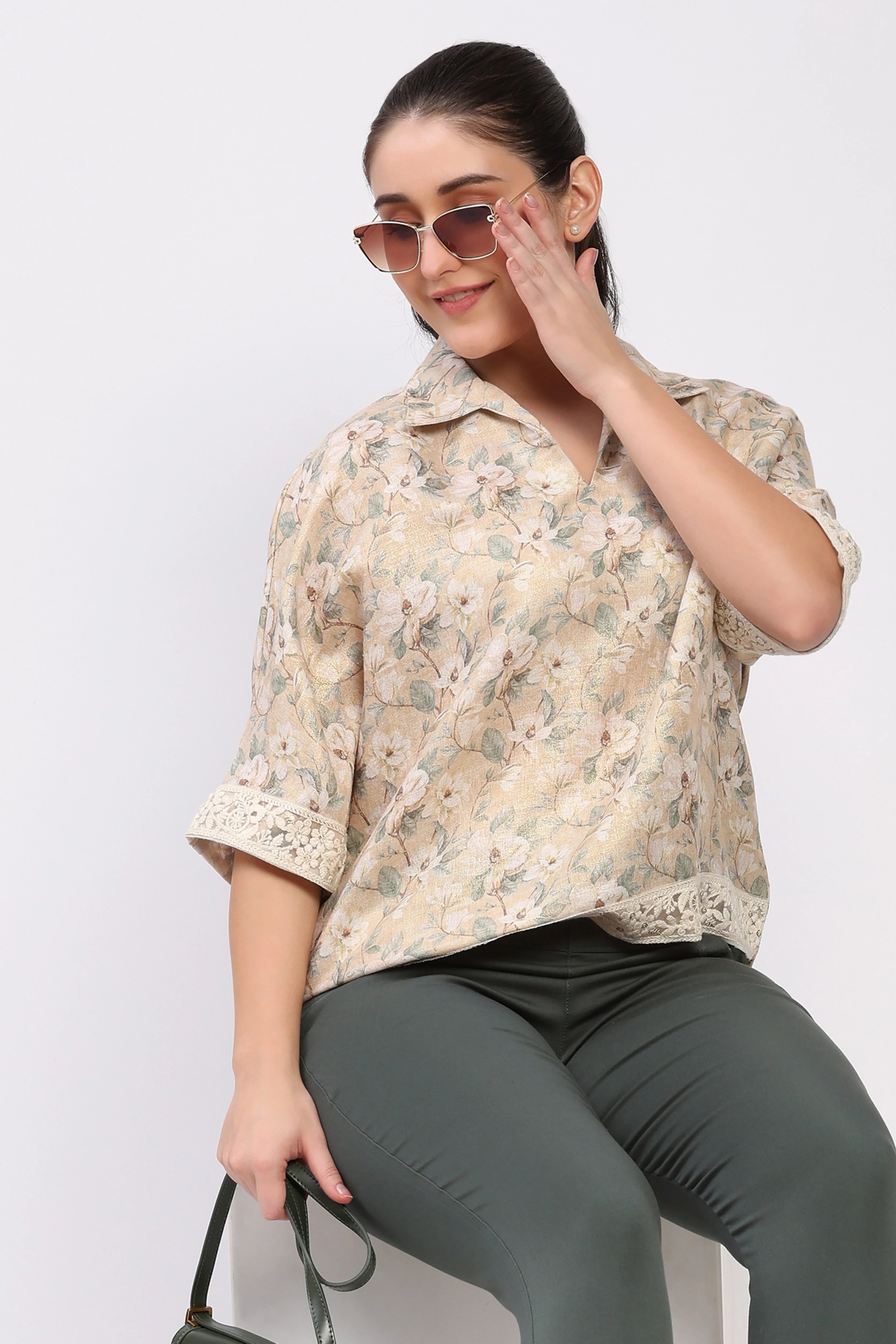 Beige Floral Lace-Trim Top-Global Republic