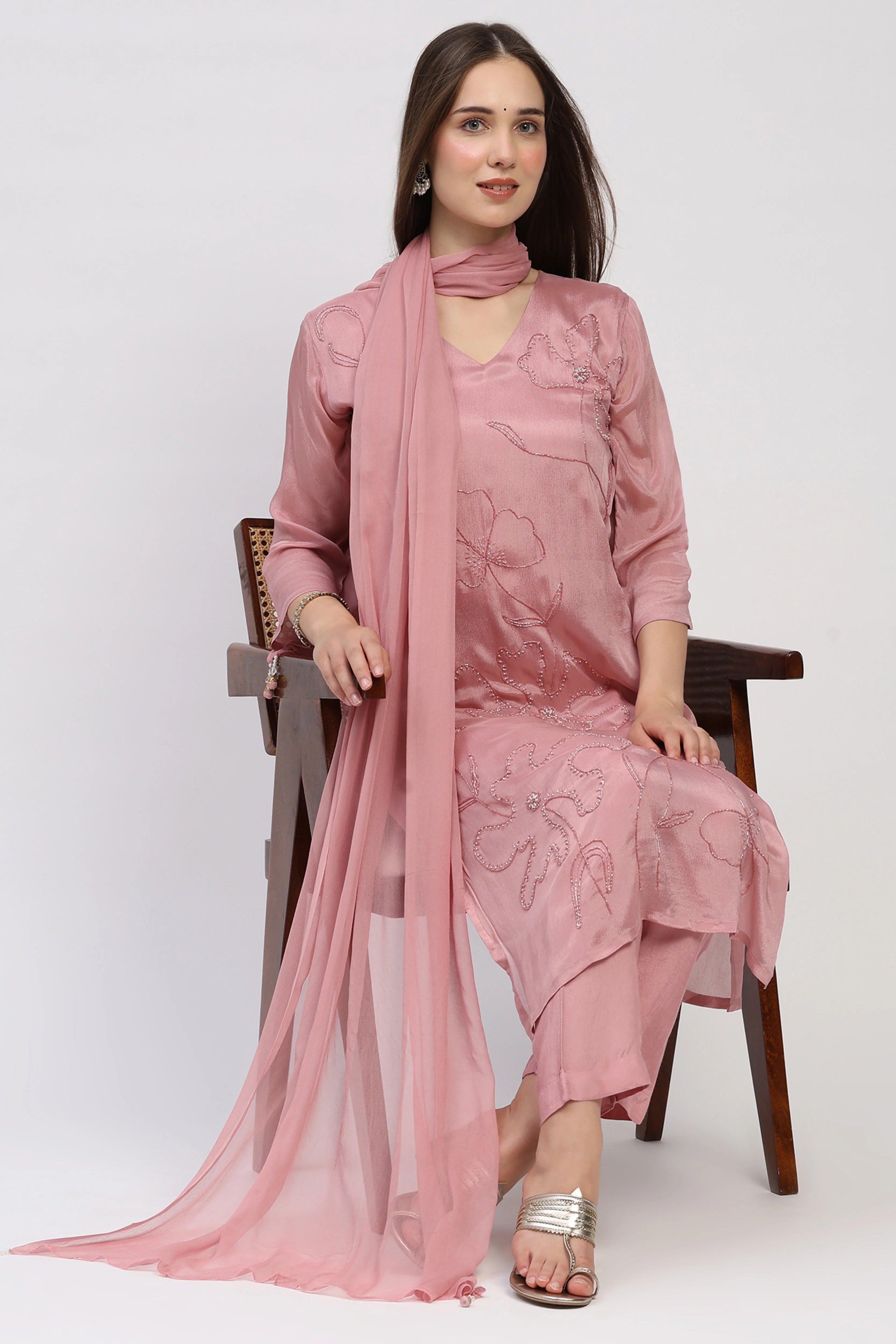 Peach Floral Beaded Suit Set