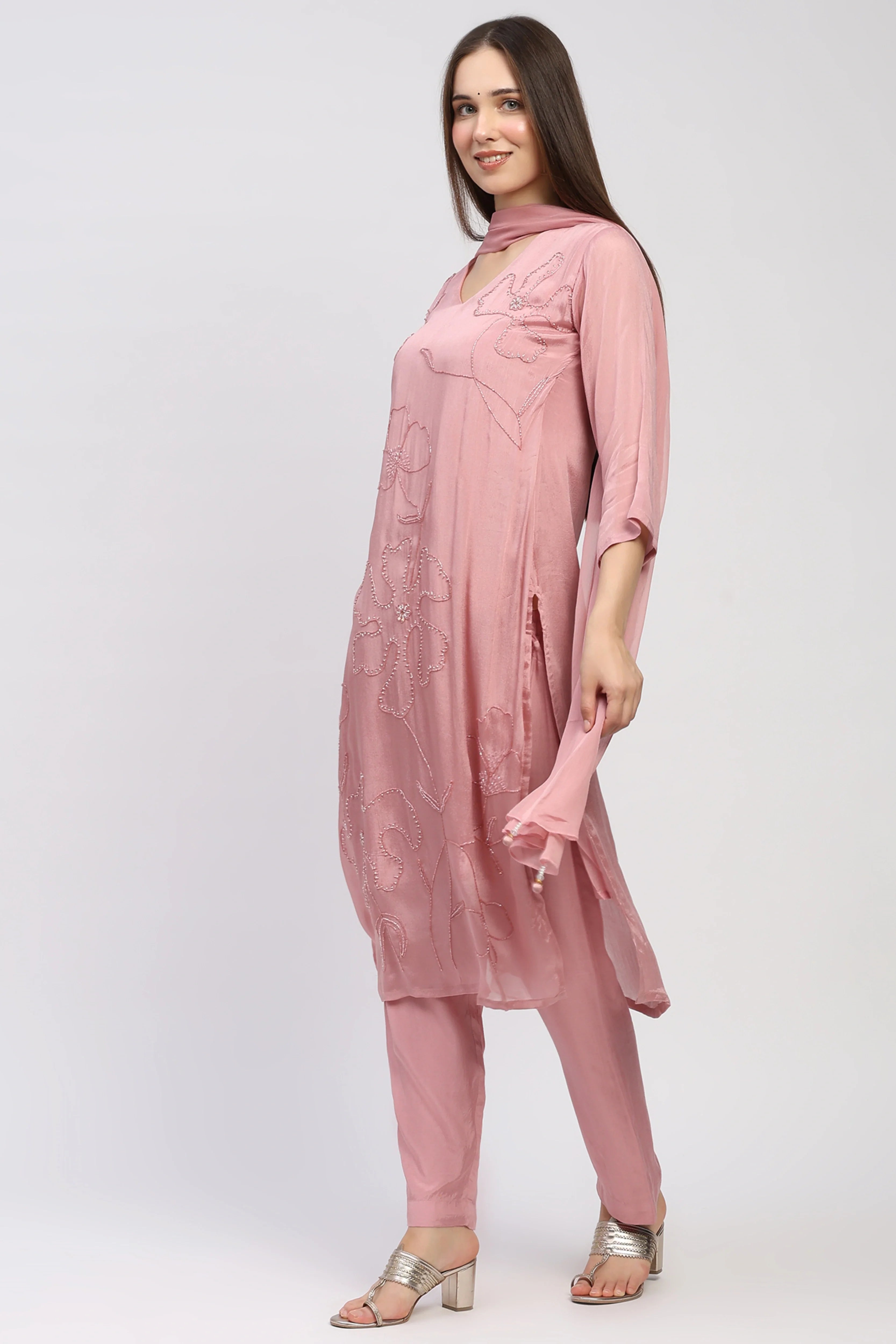 Peach Floral Beaded Suit Set