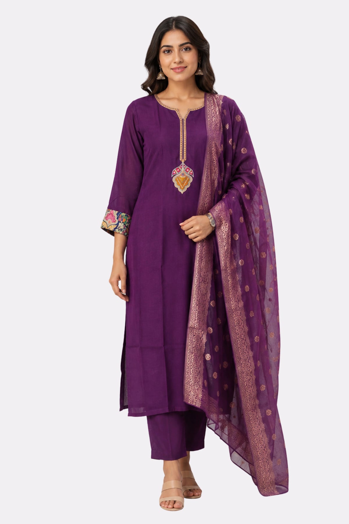 Purple Embroidered Chinon Suit Set-Global Republic