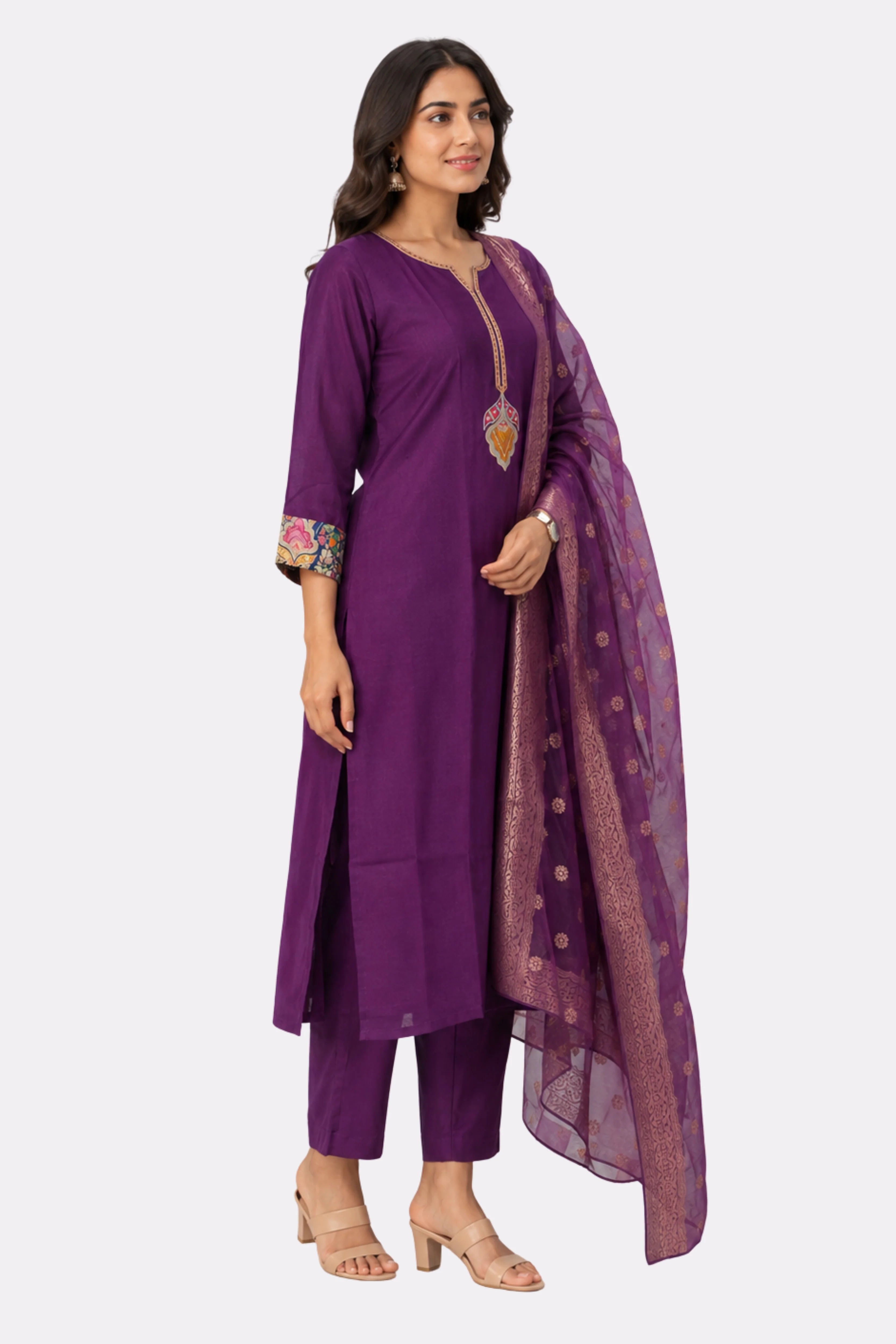 Purple Embroidered Chinon Suit Set-Global Republic