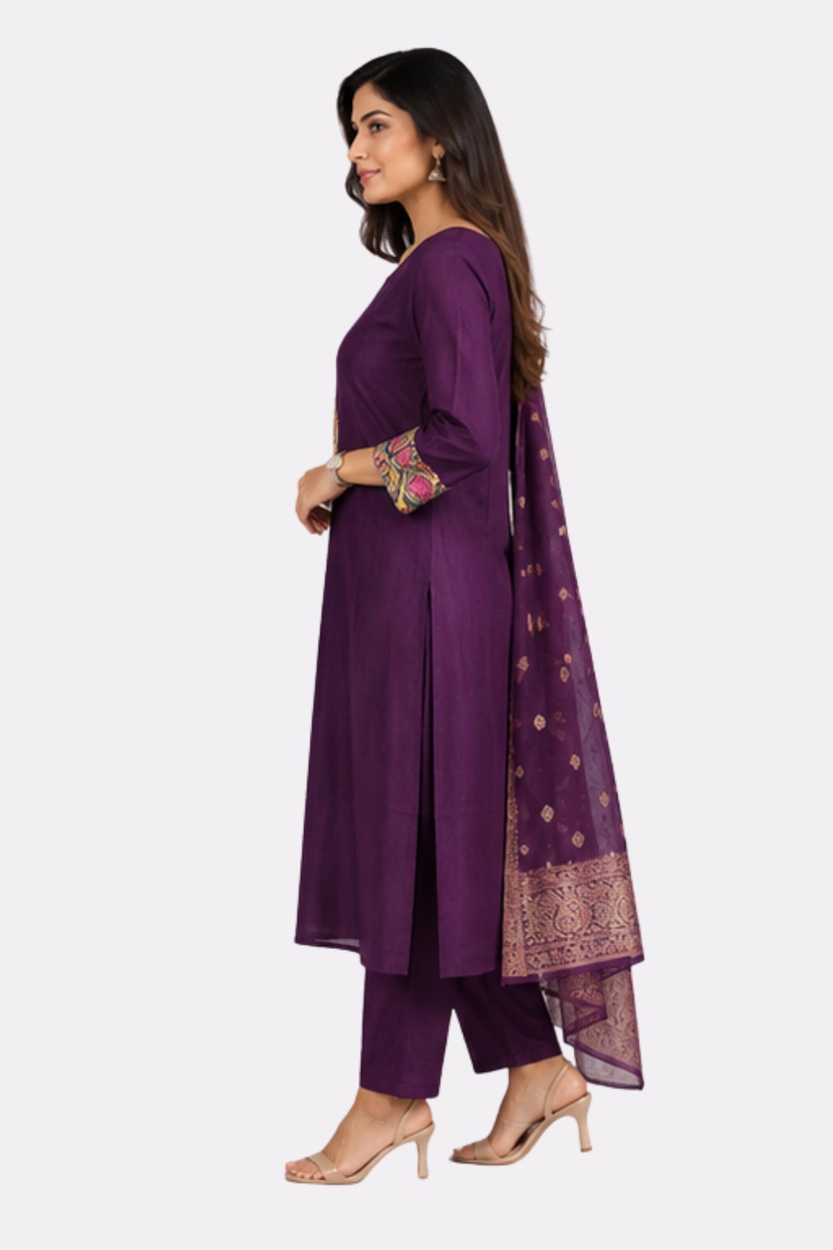 Purple Embroidered Chinon Suit Set-Global Republic