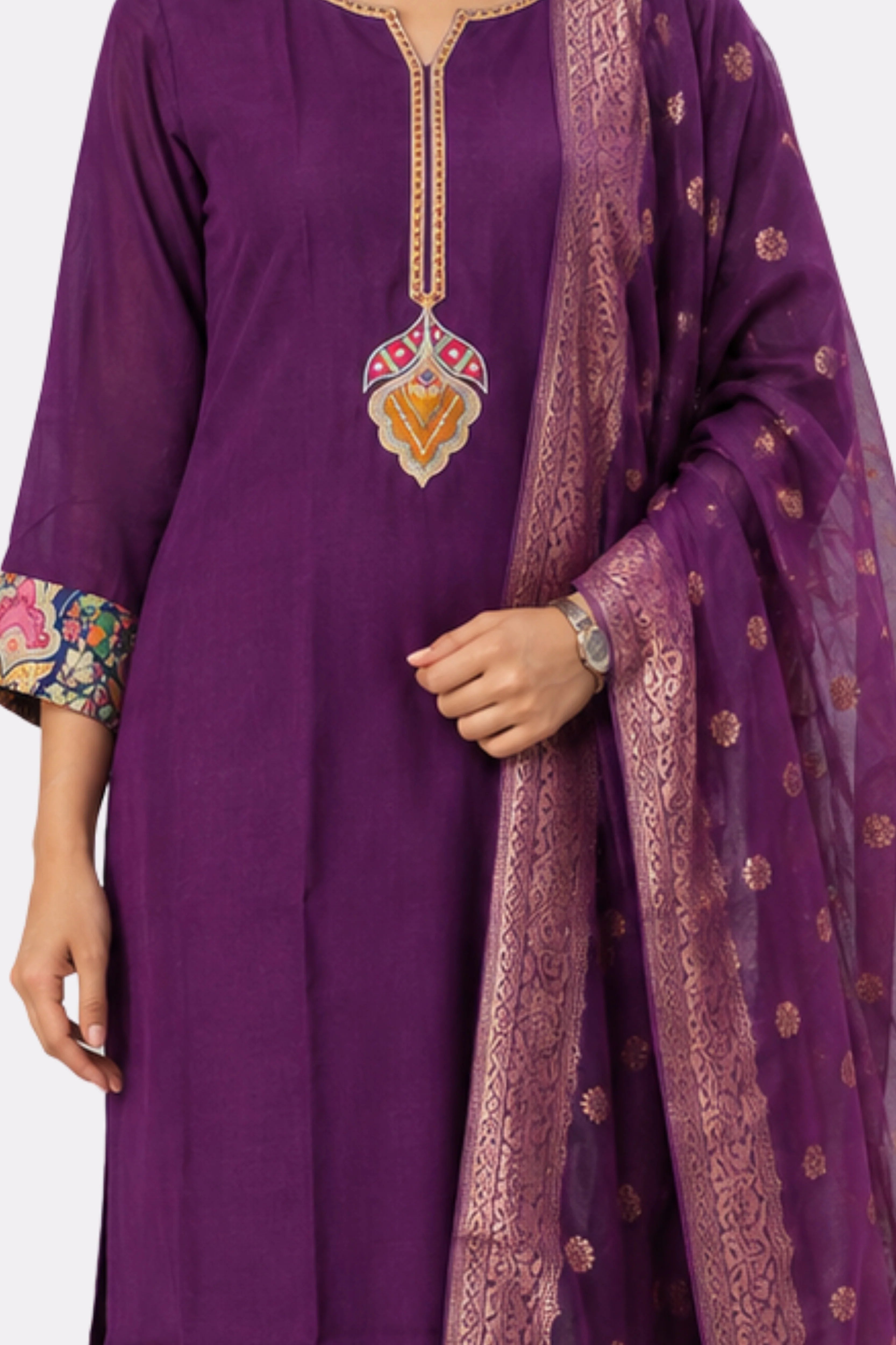 Purple Embroidered Chinon Suit Set-Global Republic