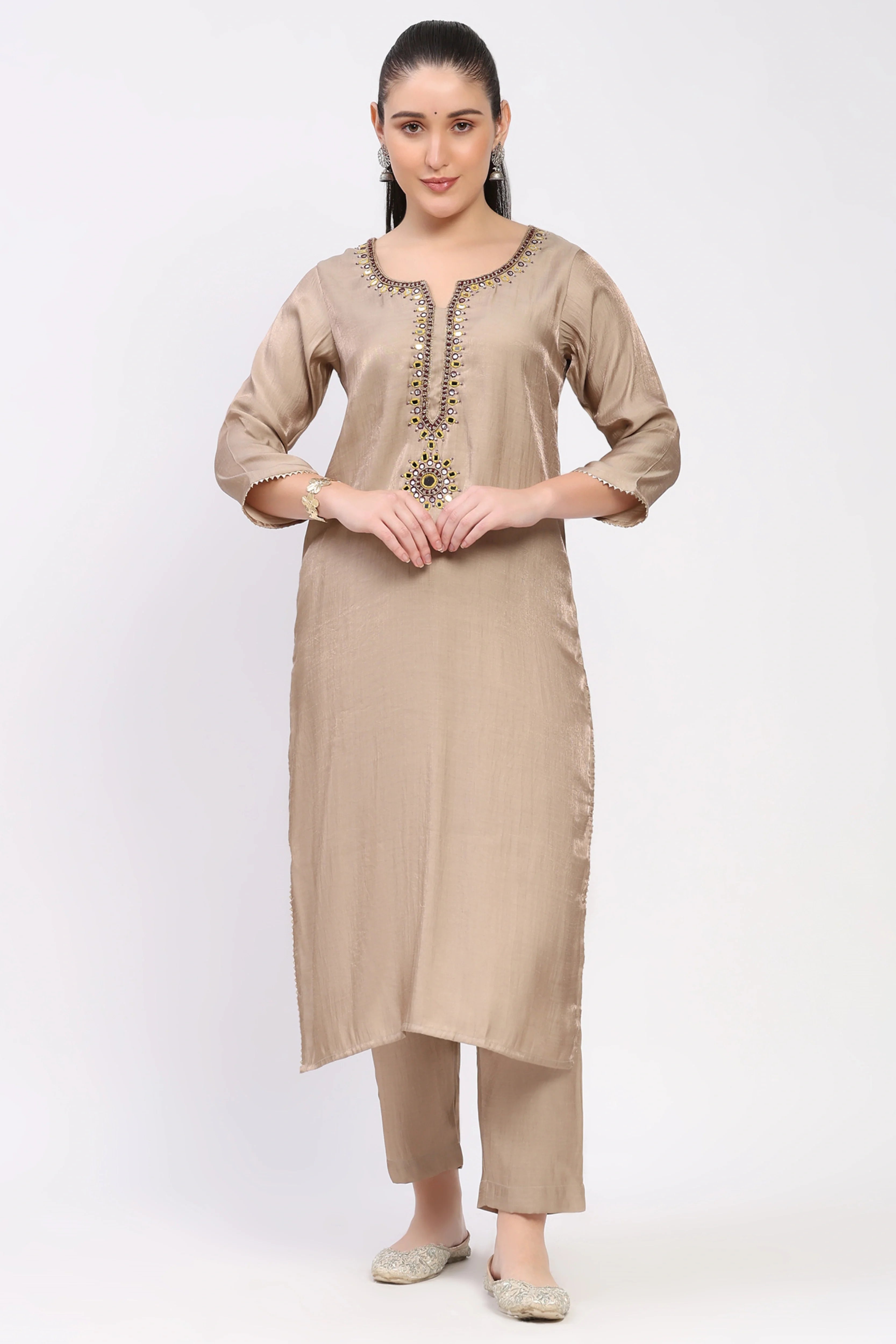 Beige Golden Embellished Kurta Set-Global Republic
