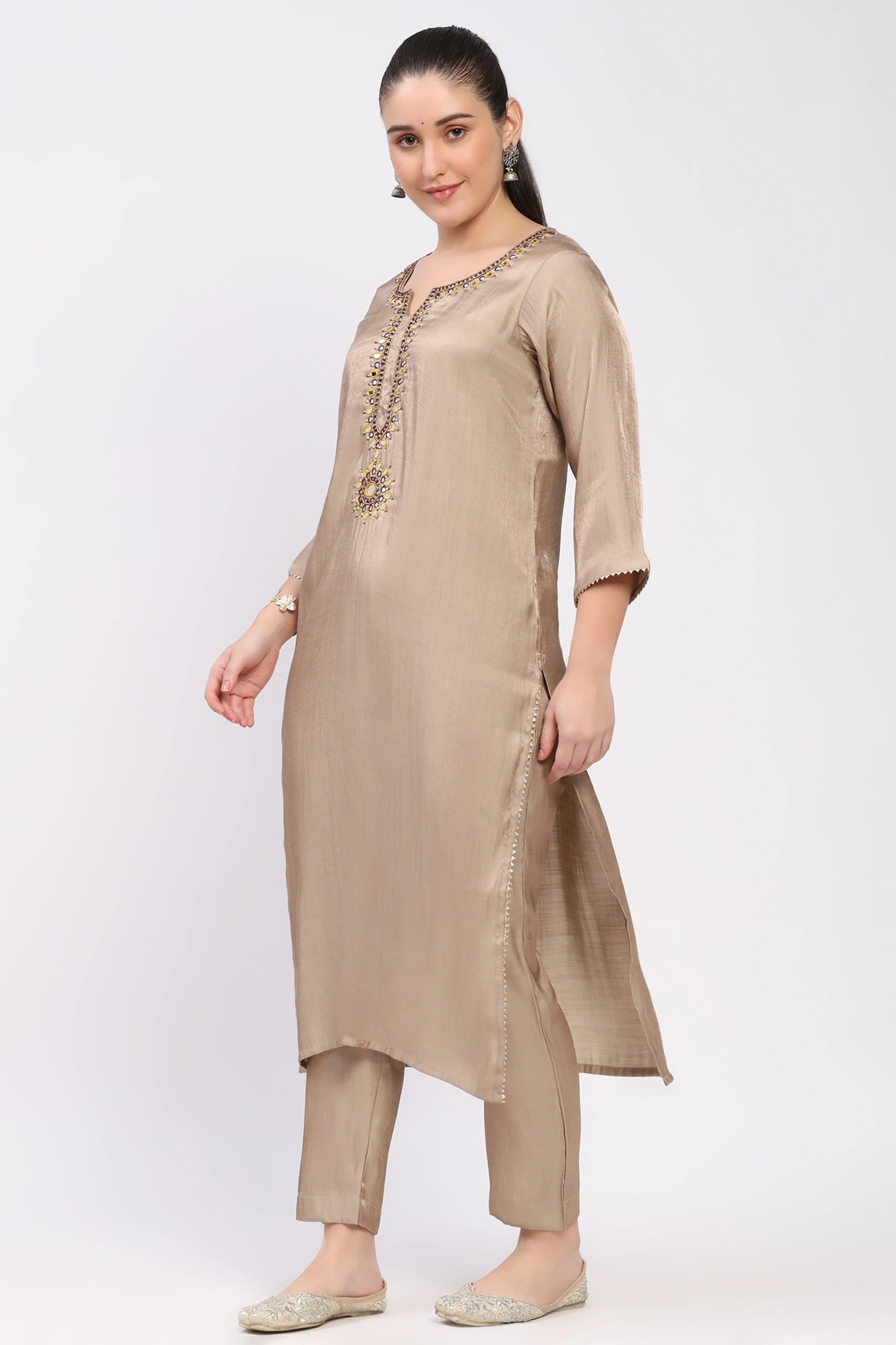 Beige Golden Embellished Kurta Set-Global Republic