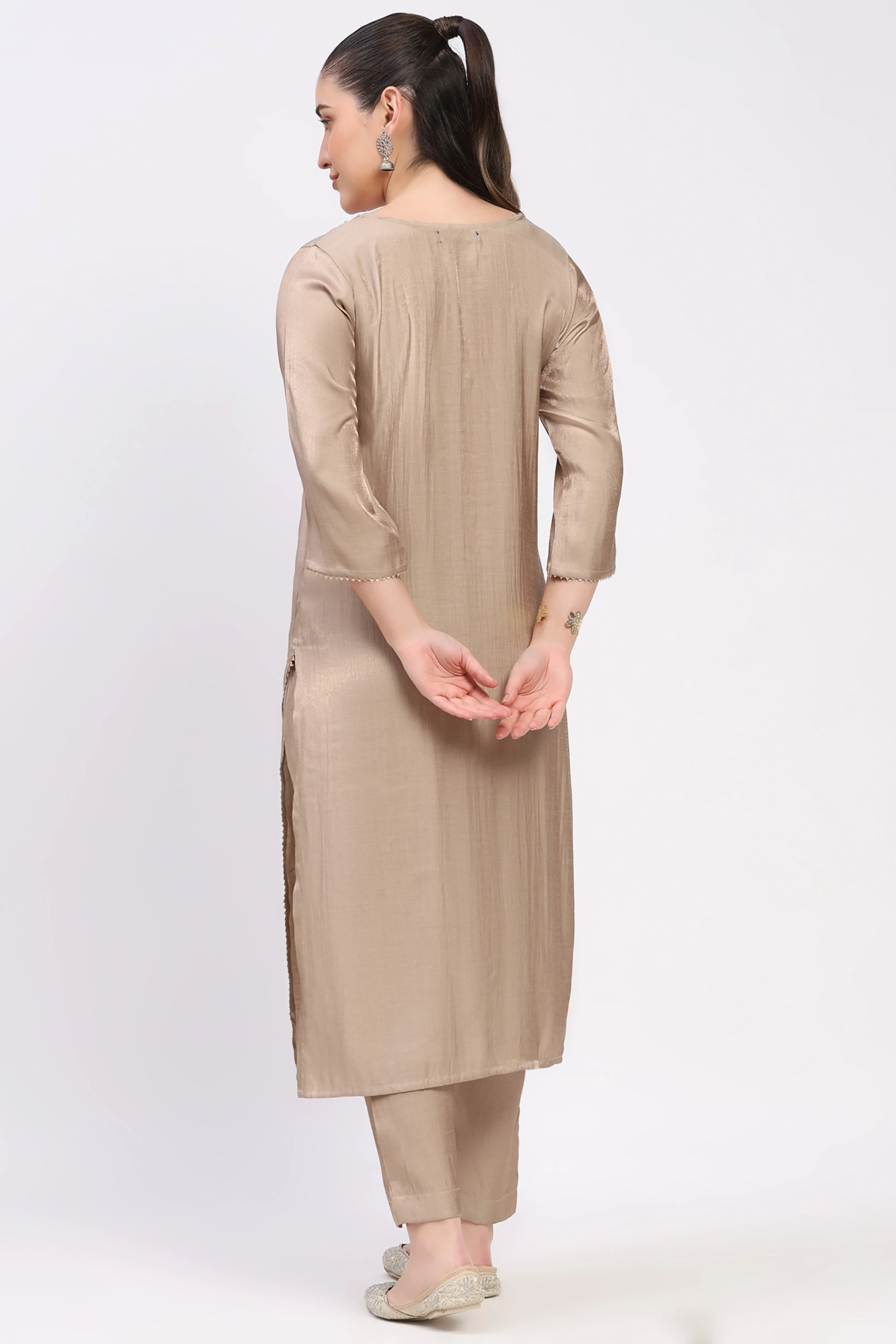 Beige Golden Embellished Kurta Set-Global Republic