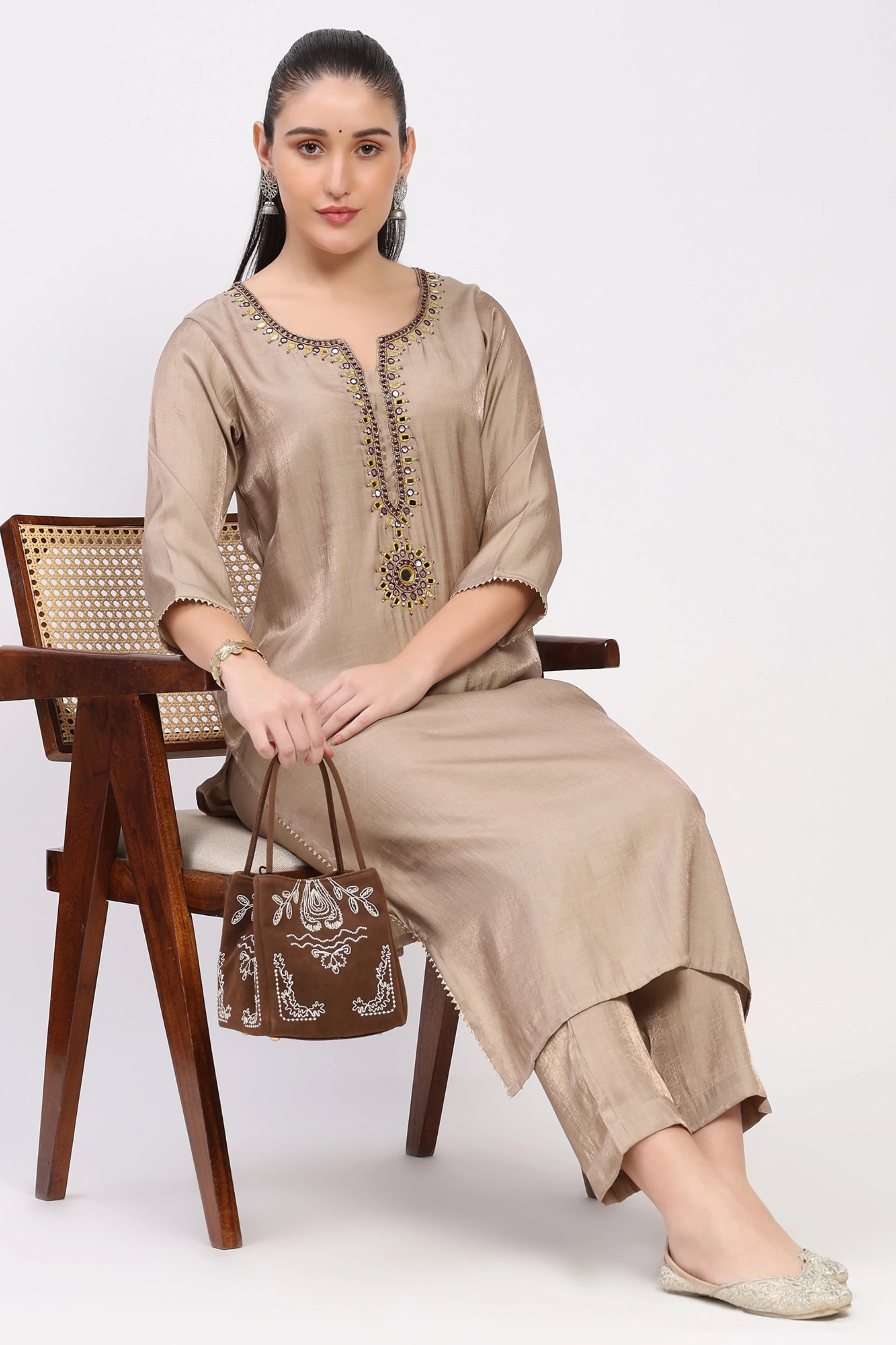 Beige Golden Embellished Kurta Set-Global Republic