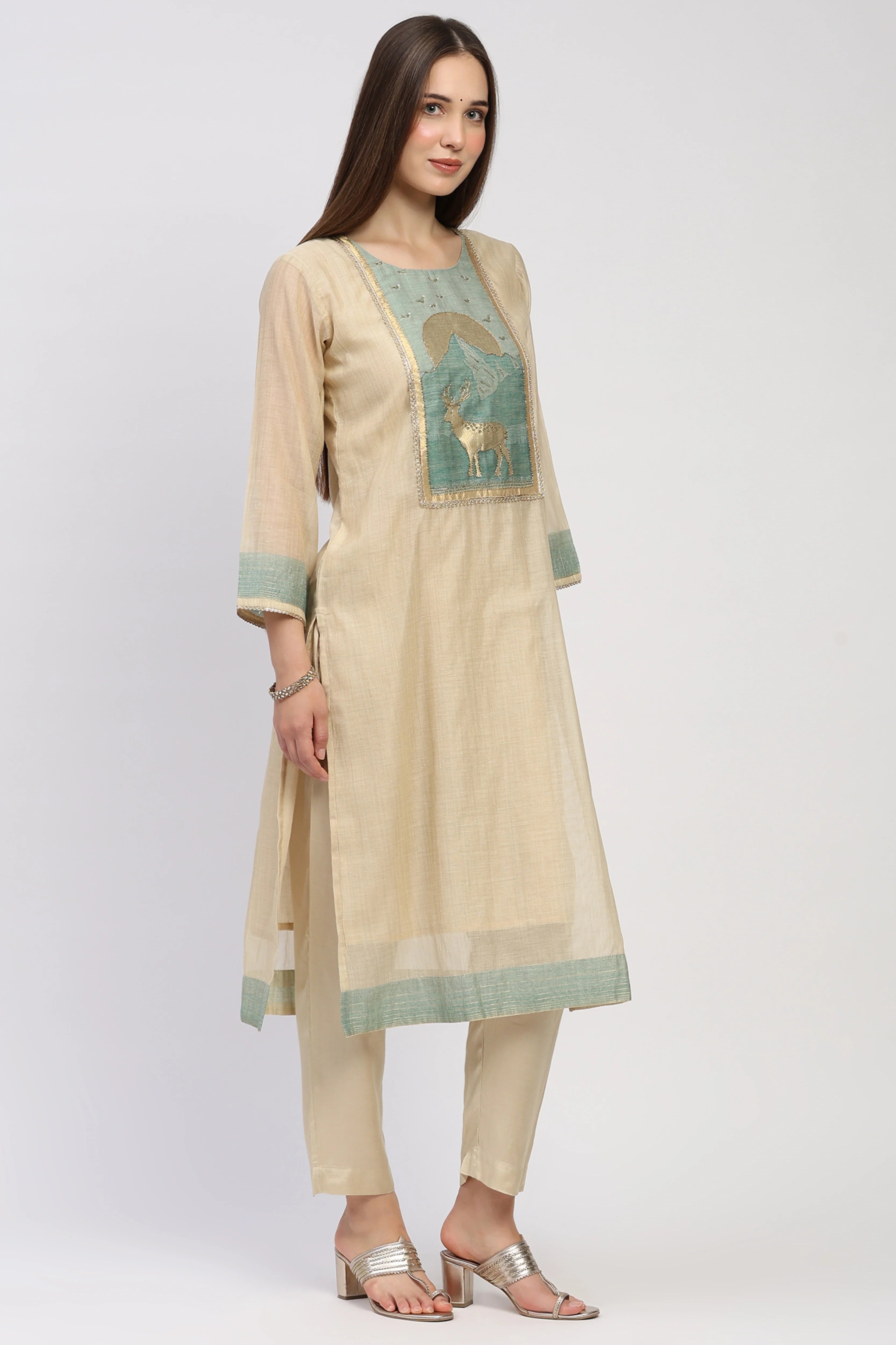 Cream Printed Chanderi Cotton Suit Set