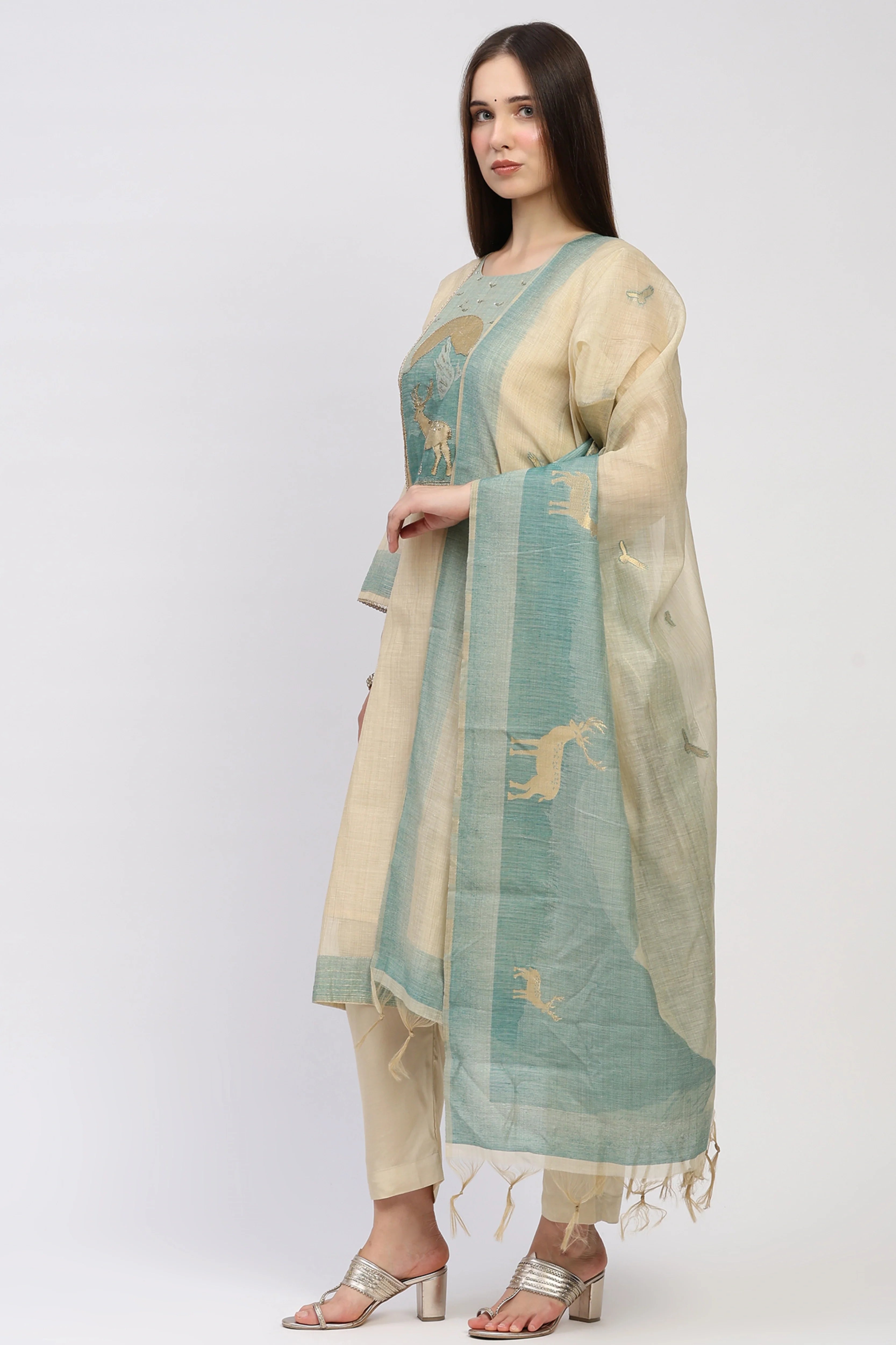 Cream Printed Chanderi Cotton Suit Set