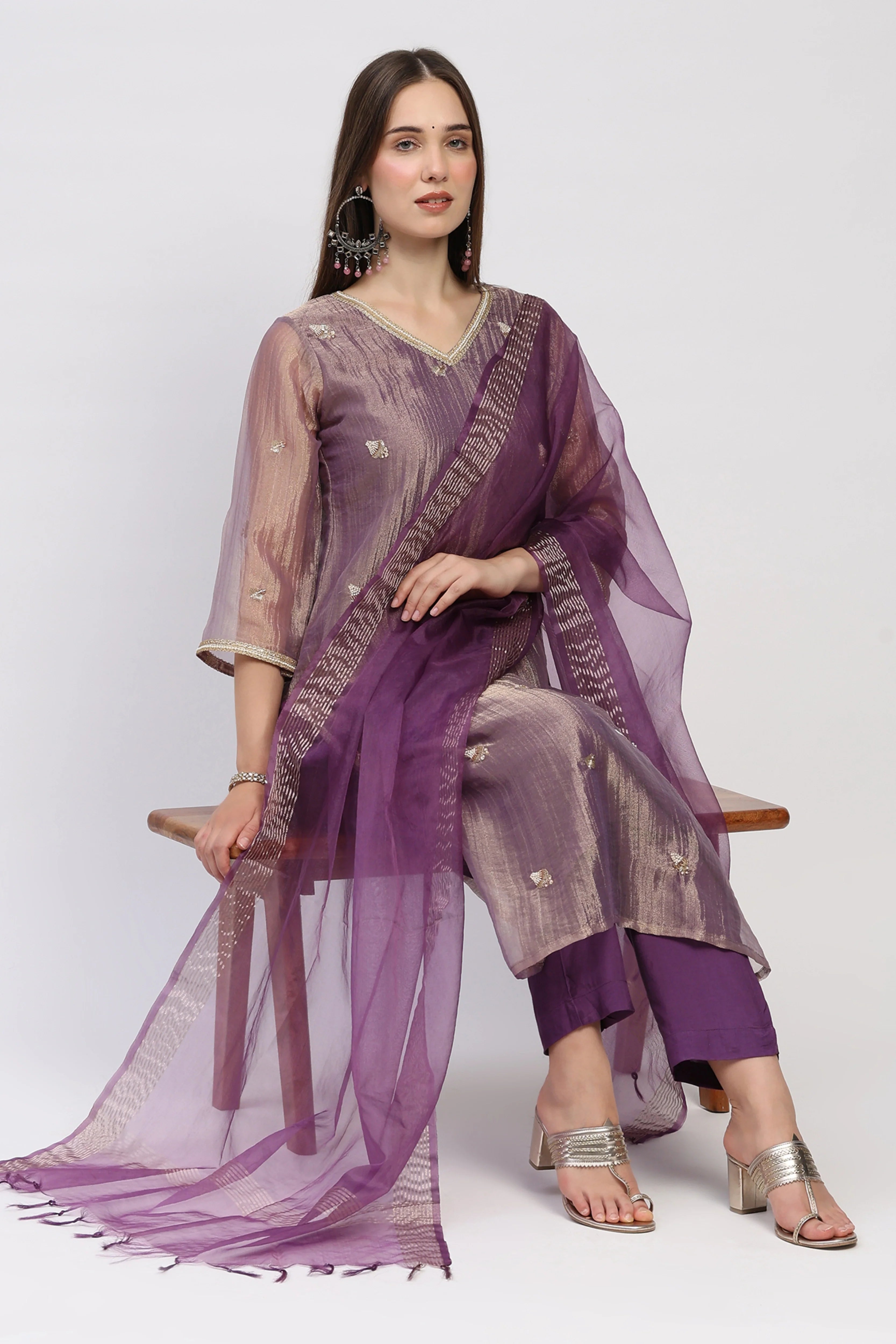 Purple Beaded Organza Suit Set