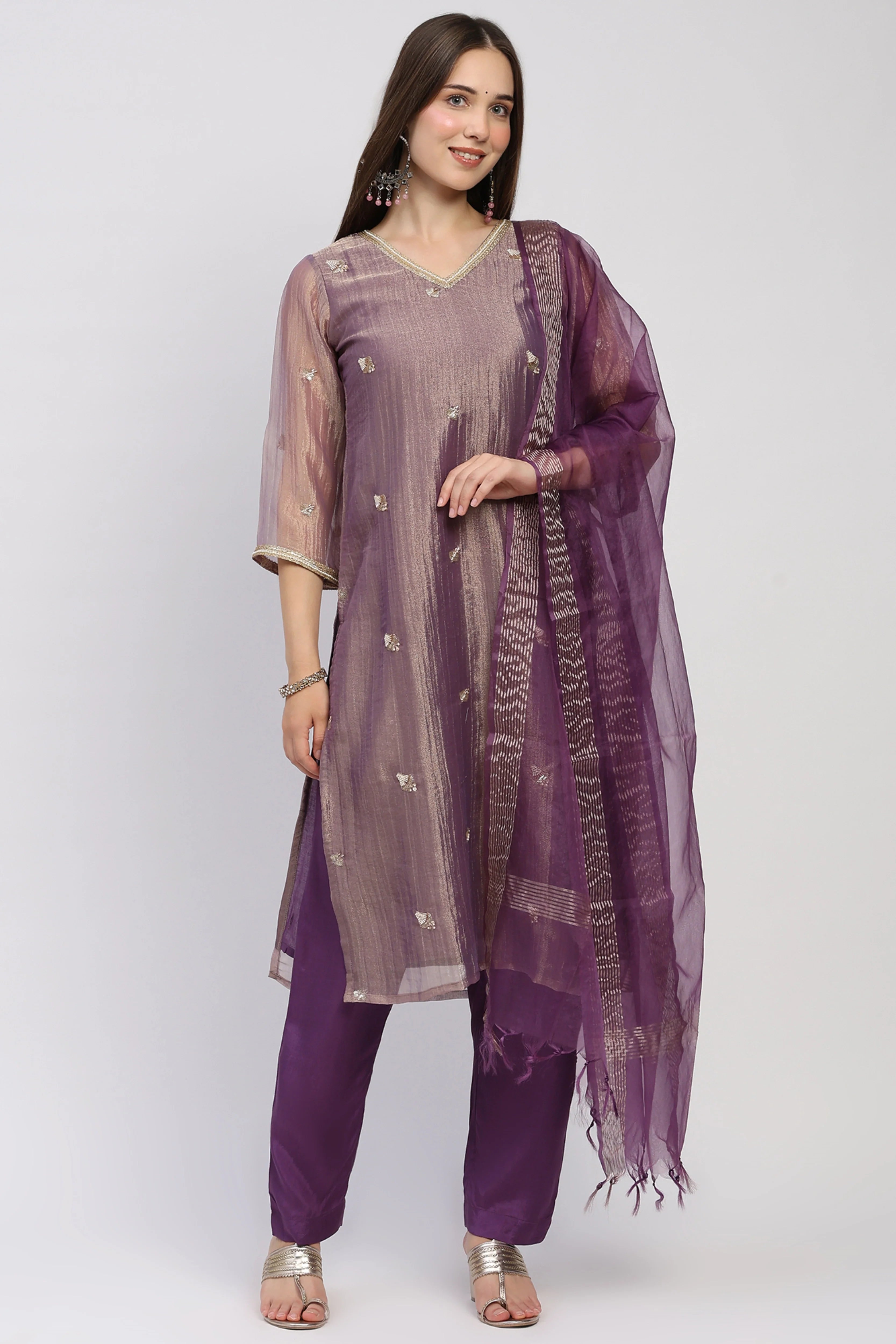 Purple Beaded Organza Suit Set