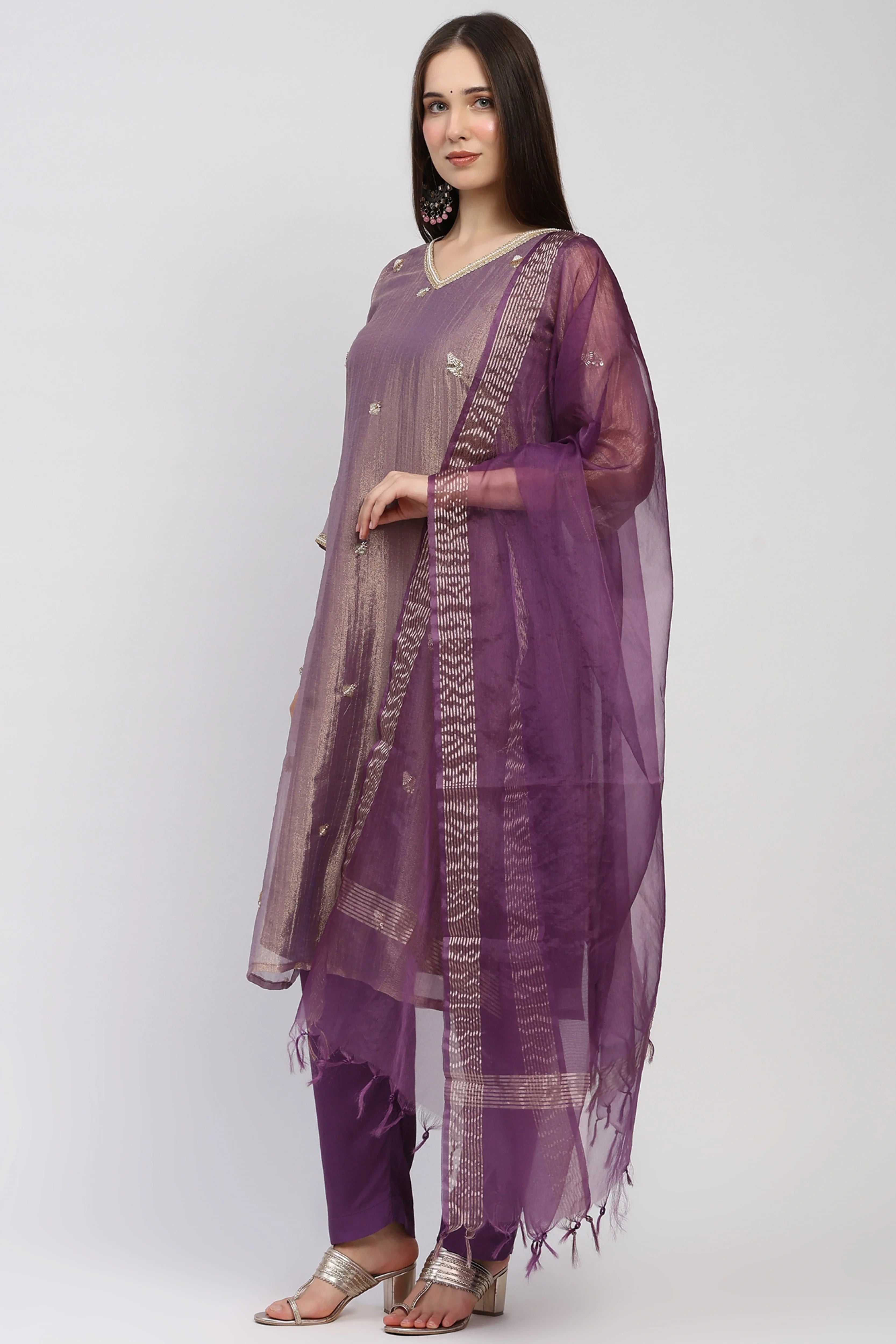 Purple Beaded Organza Suit Set