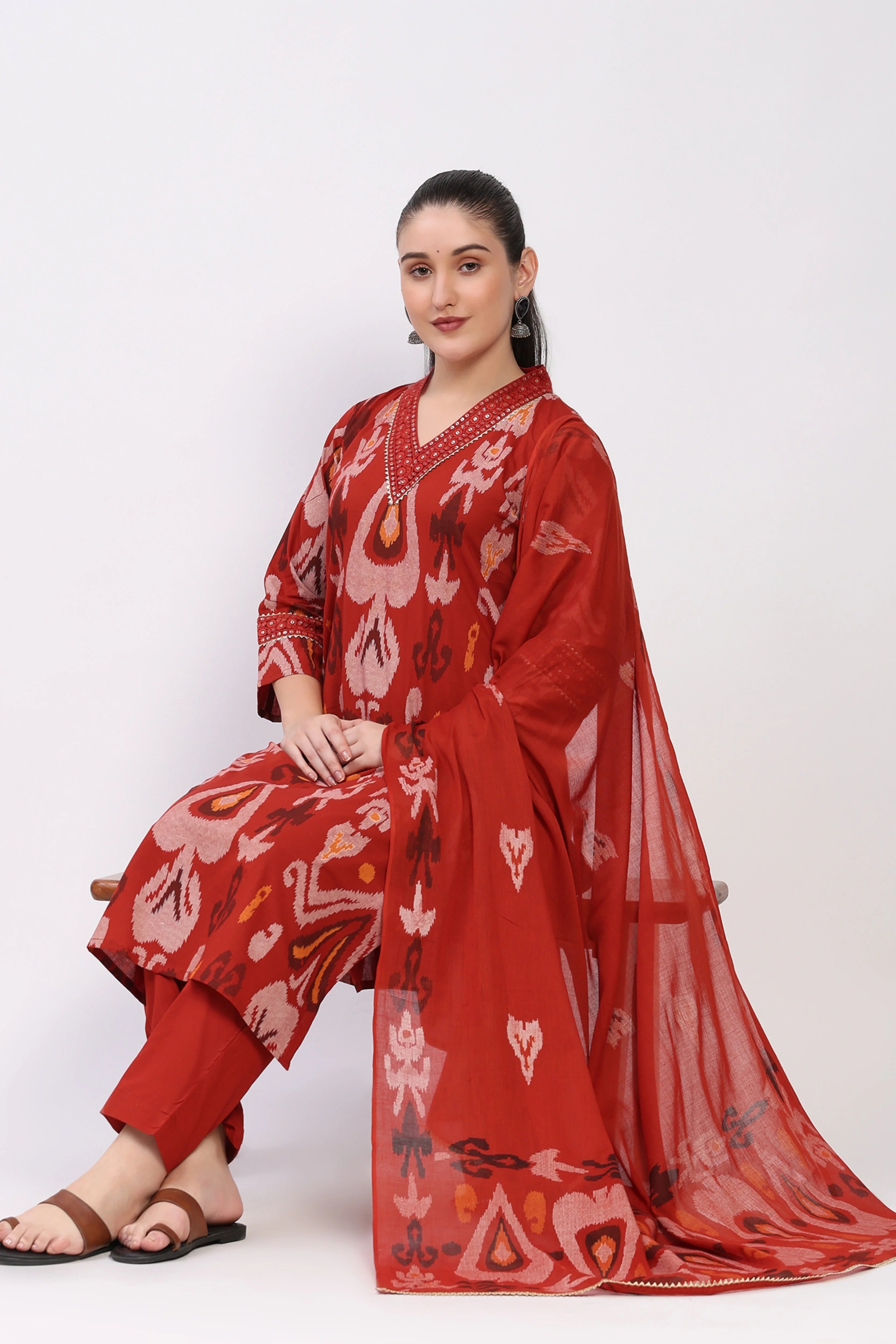 Rust Ikat Cotton Suit Set-Global Republic