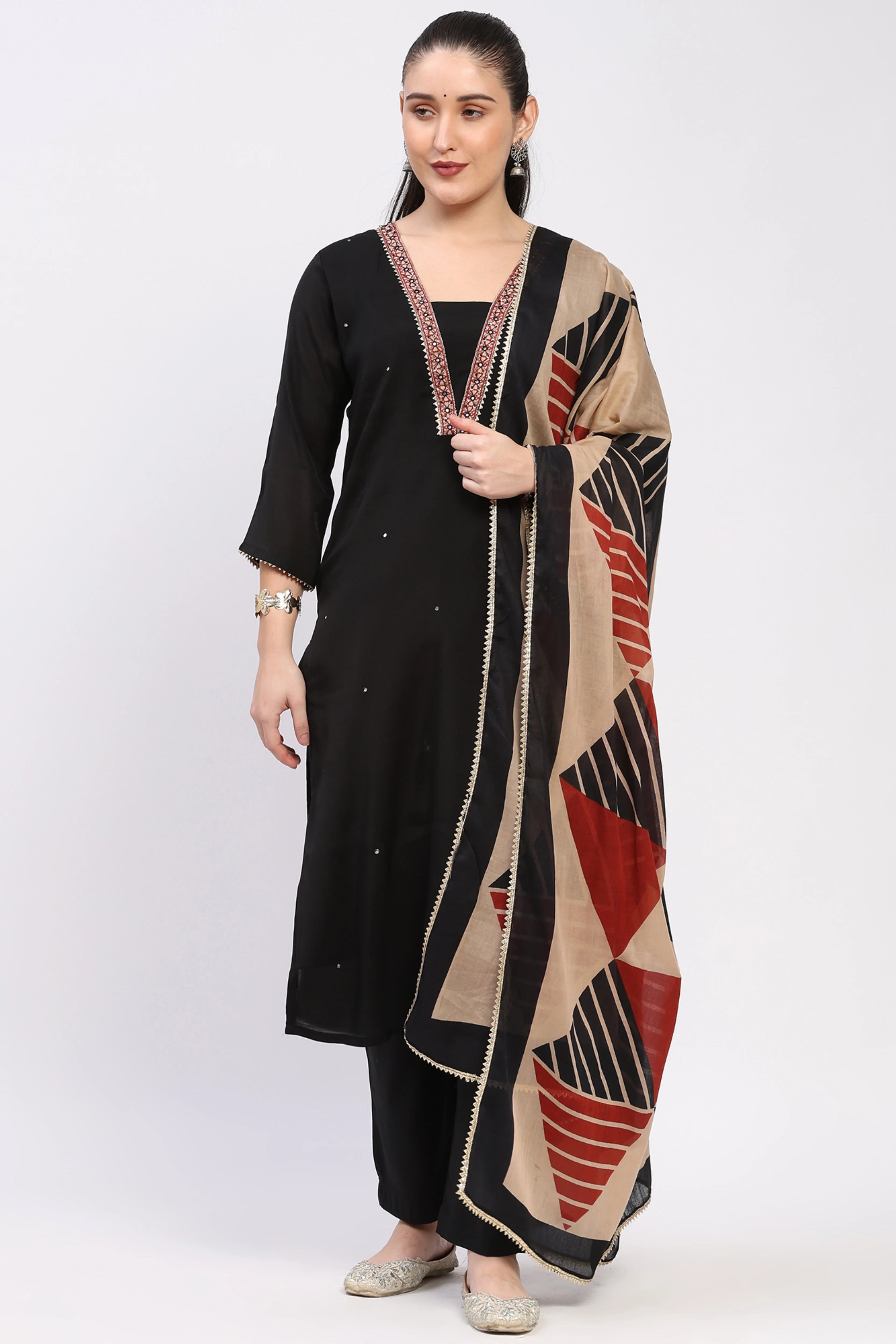 Black Chanderi Embellished Suit Set-Global Republic