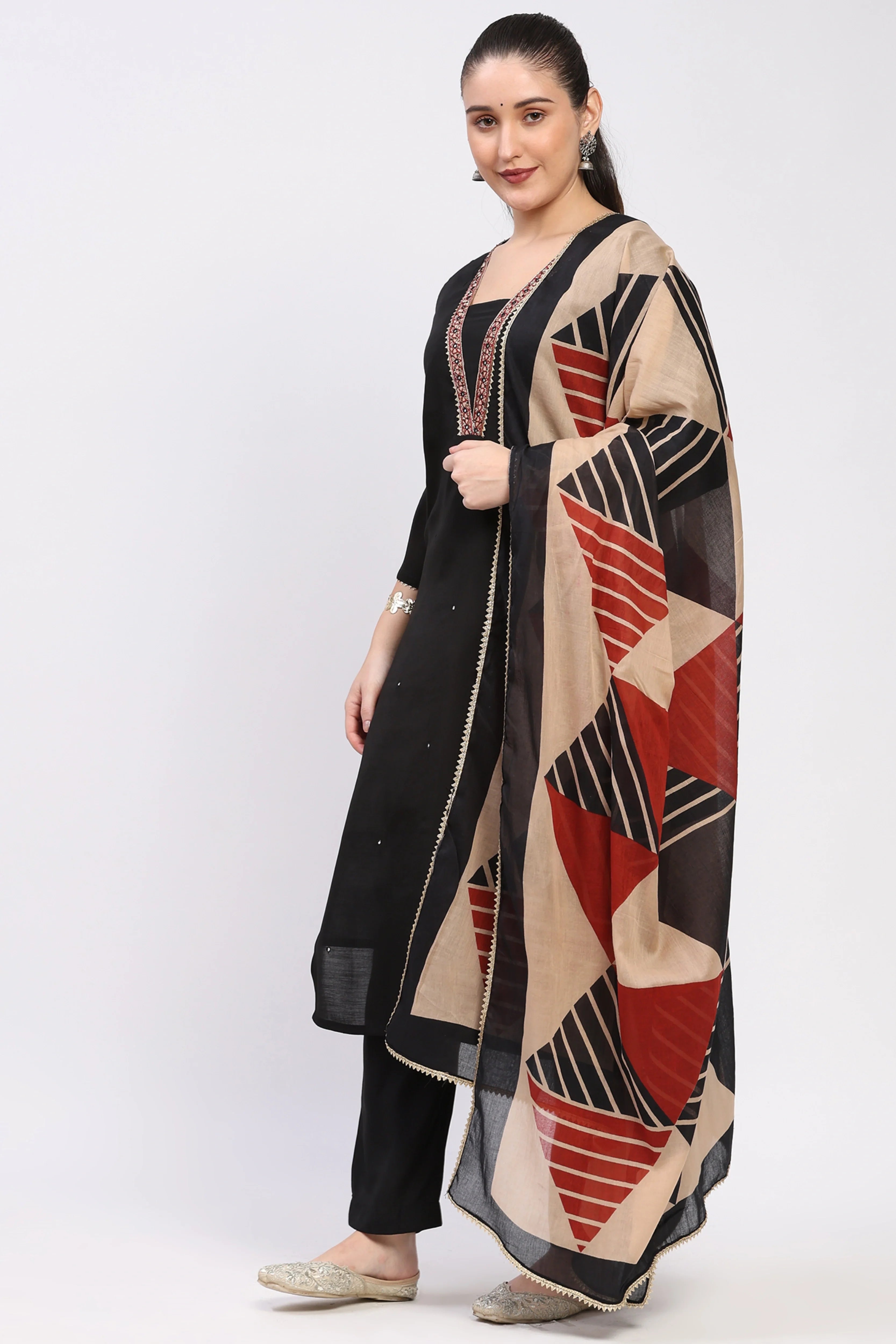 Black Chanderi Embellished Suit Set-Global Republic