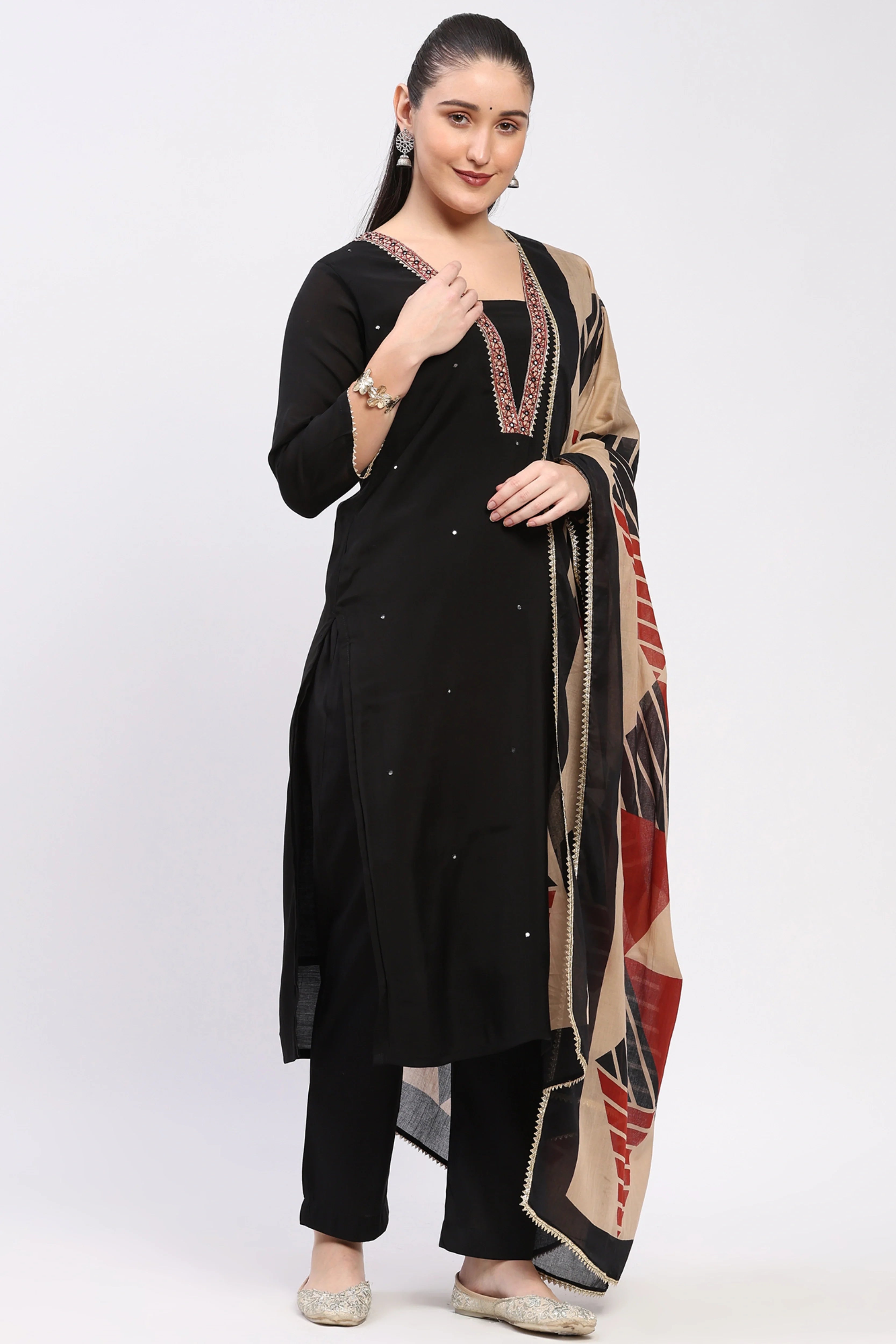 Black Chanderi Embellished Suit Set-Global Republic