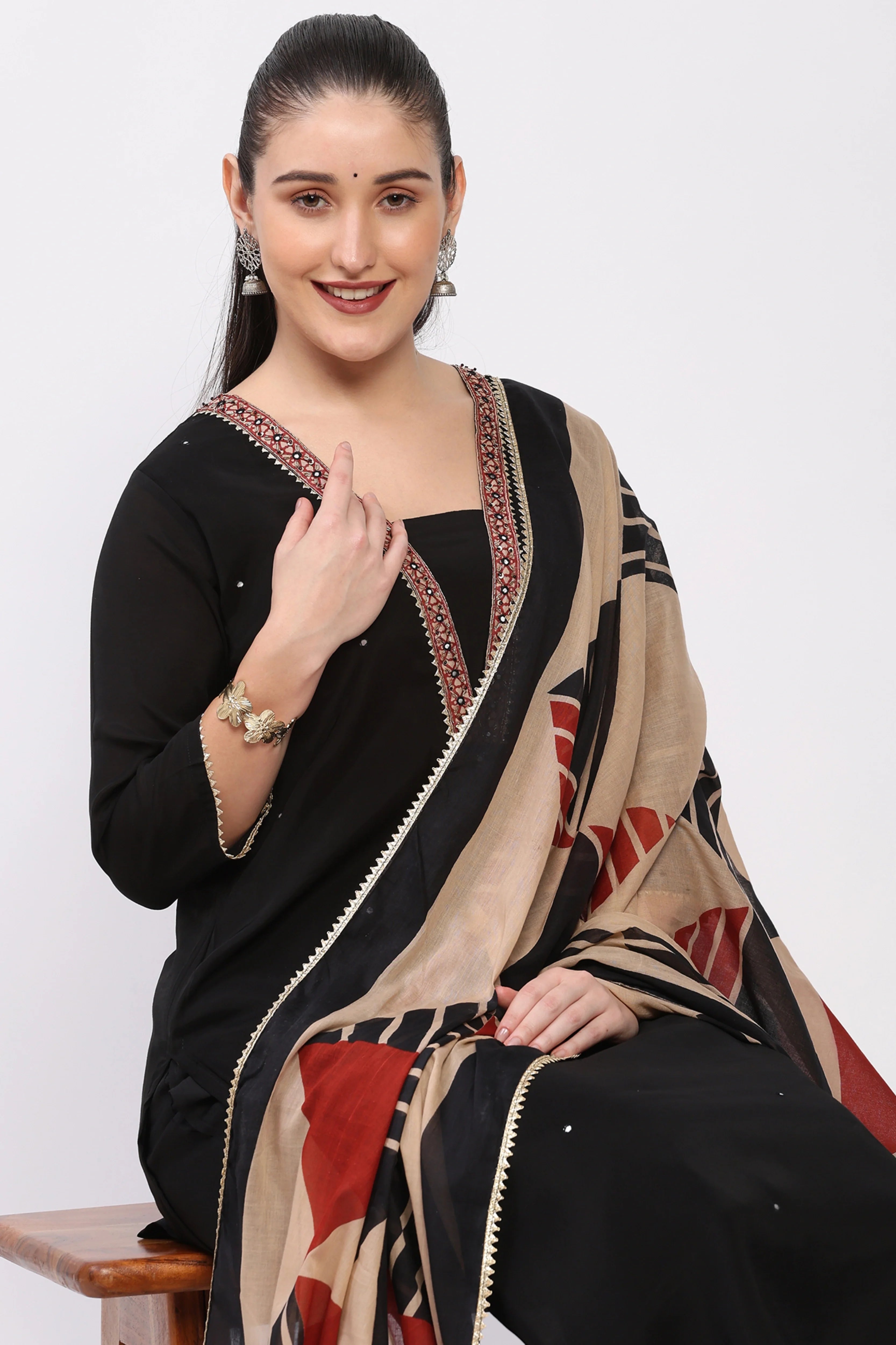 Black Chanderi Embellished Suit Set-Global Republic