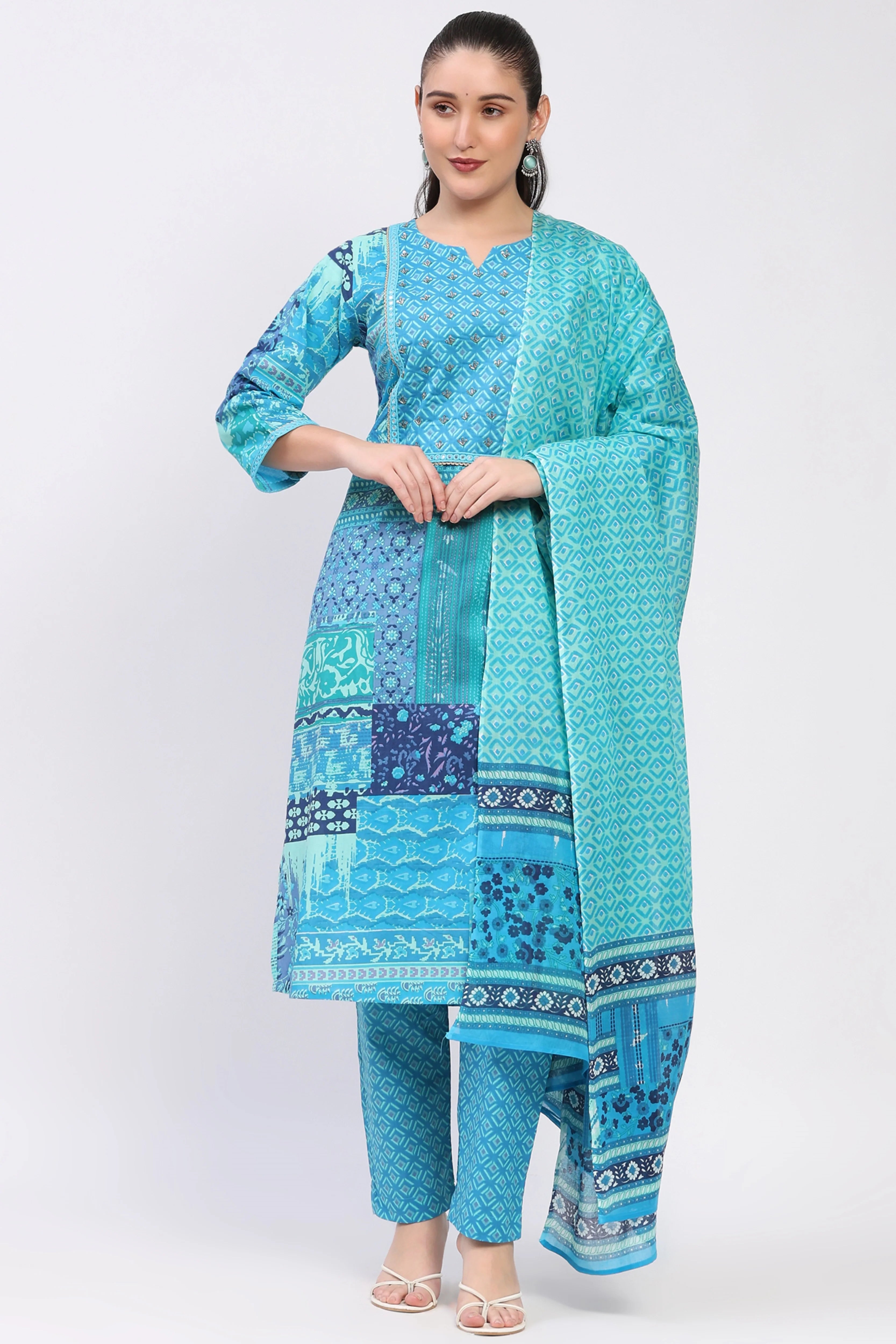 Teal Printed Cotton Suit Set-Global Republic