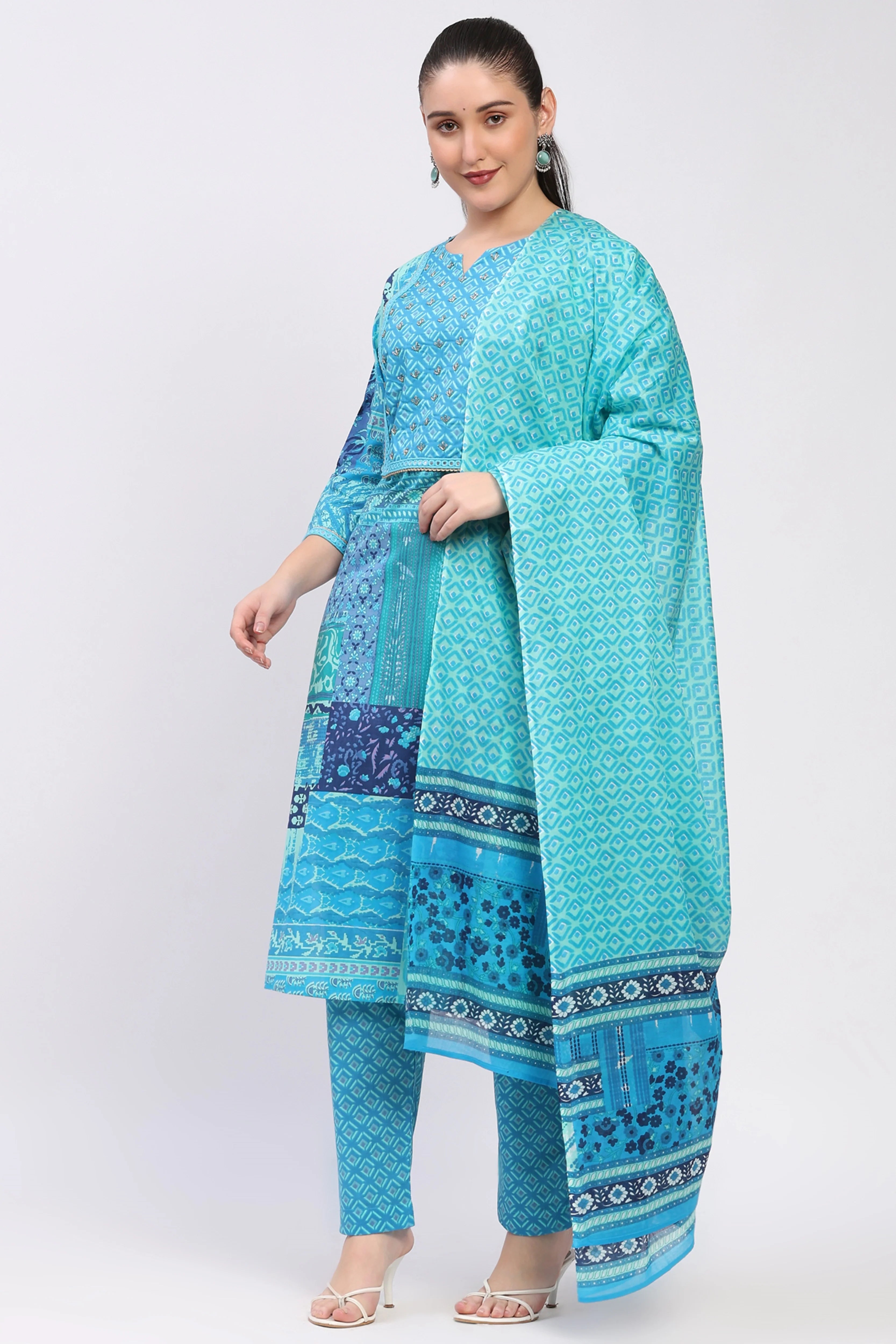Teal Printed Cotton Suit Set-Global Republic