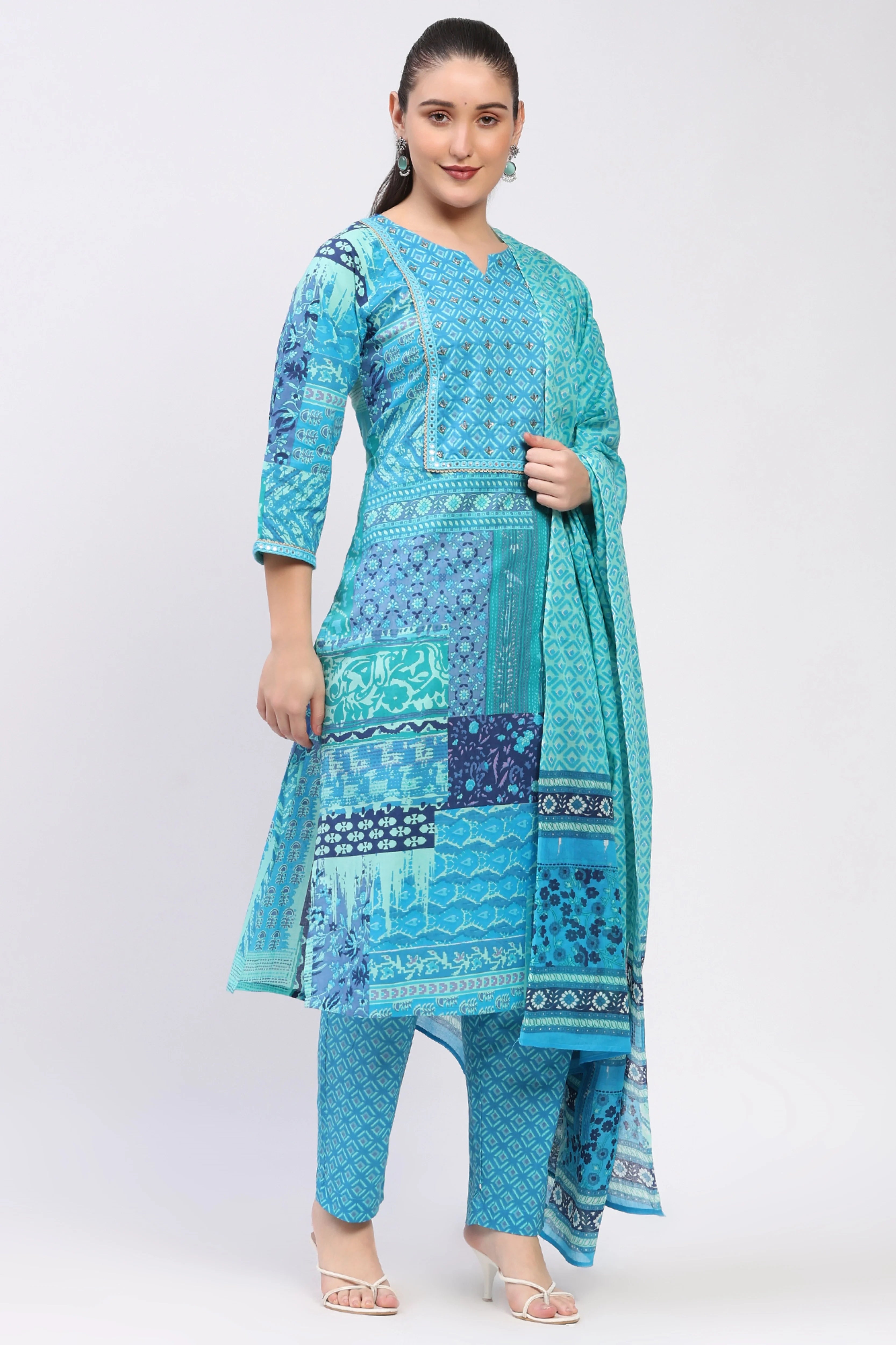 Teal Printed Cotton Suit Set-Global Republic