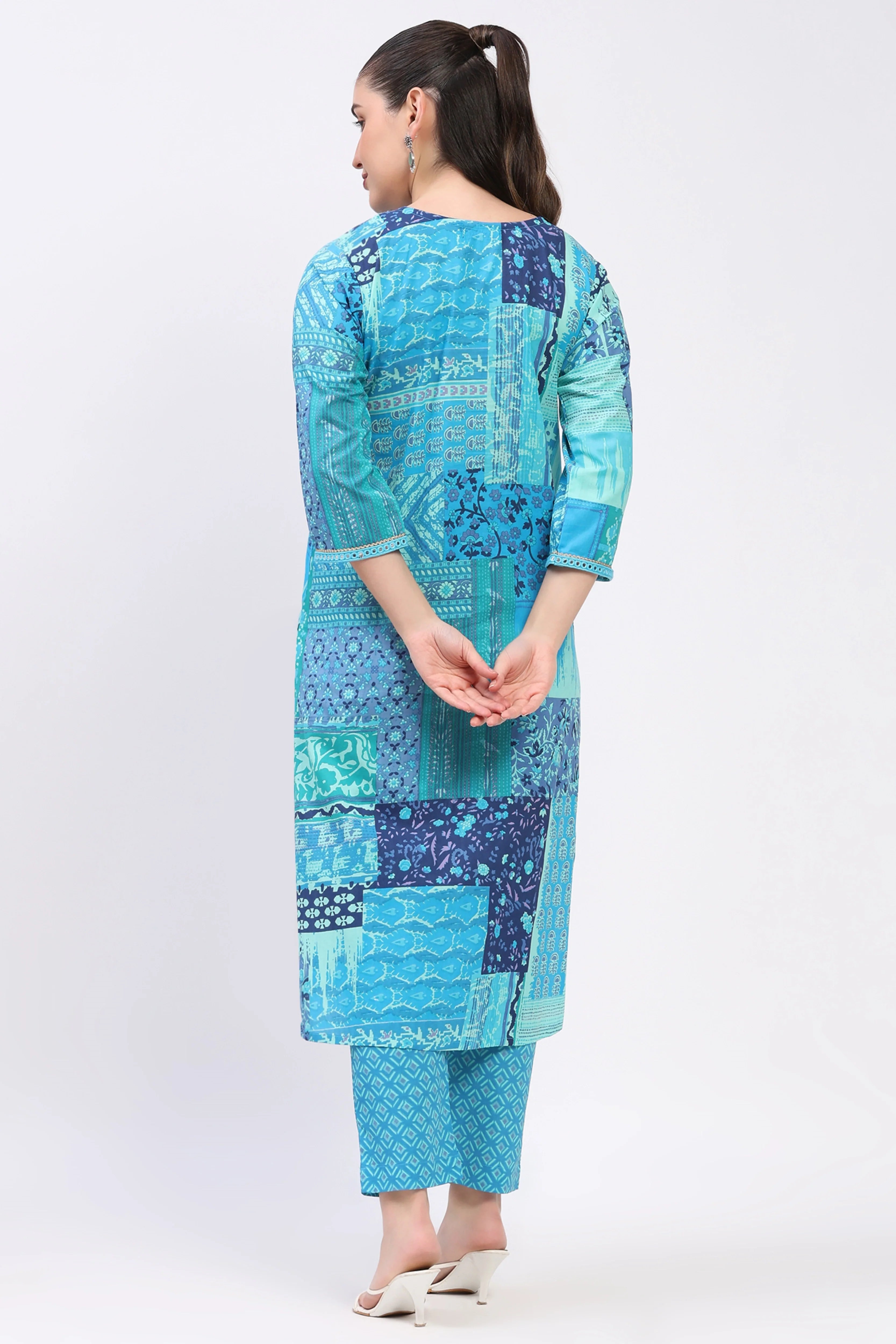 Teal Printed Cotton Suit Set-Global Republic