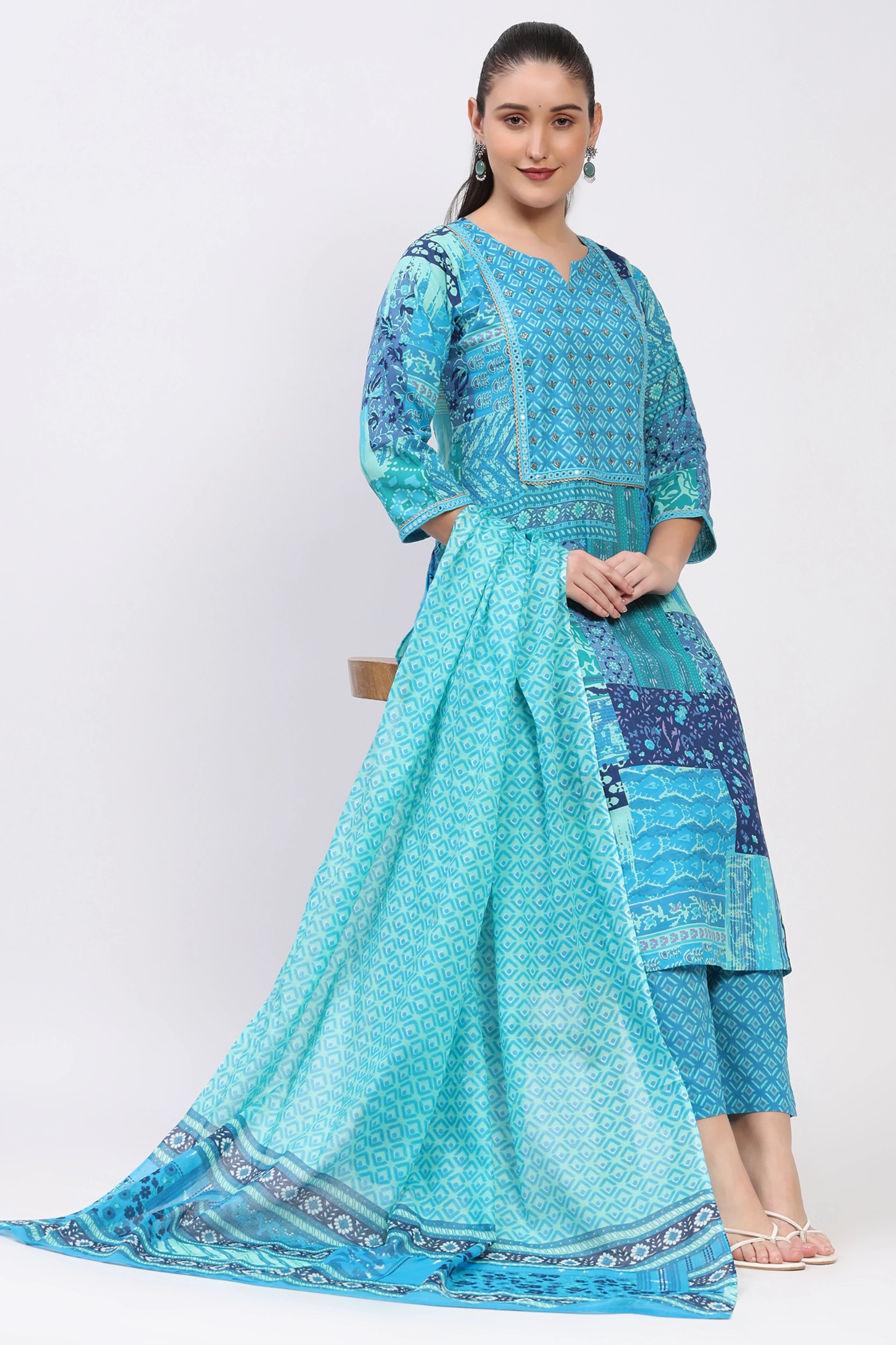 Teal Printed Cotton Suit Set-Global Republic