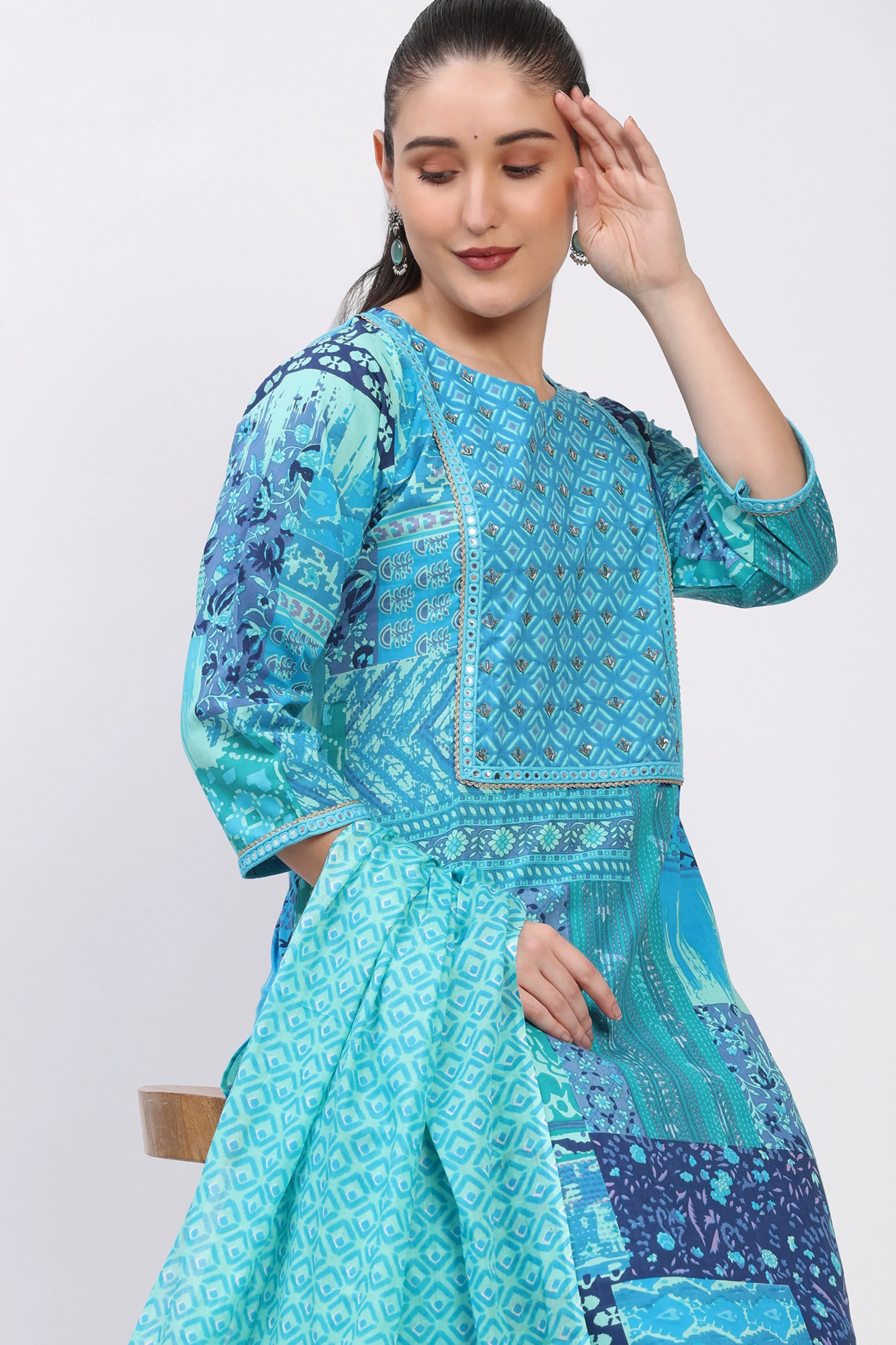 Teal Printed Cotton Suit Set-Global Republic
