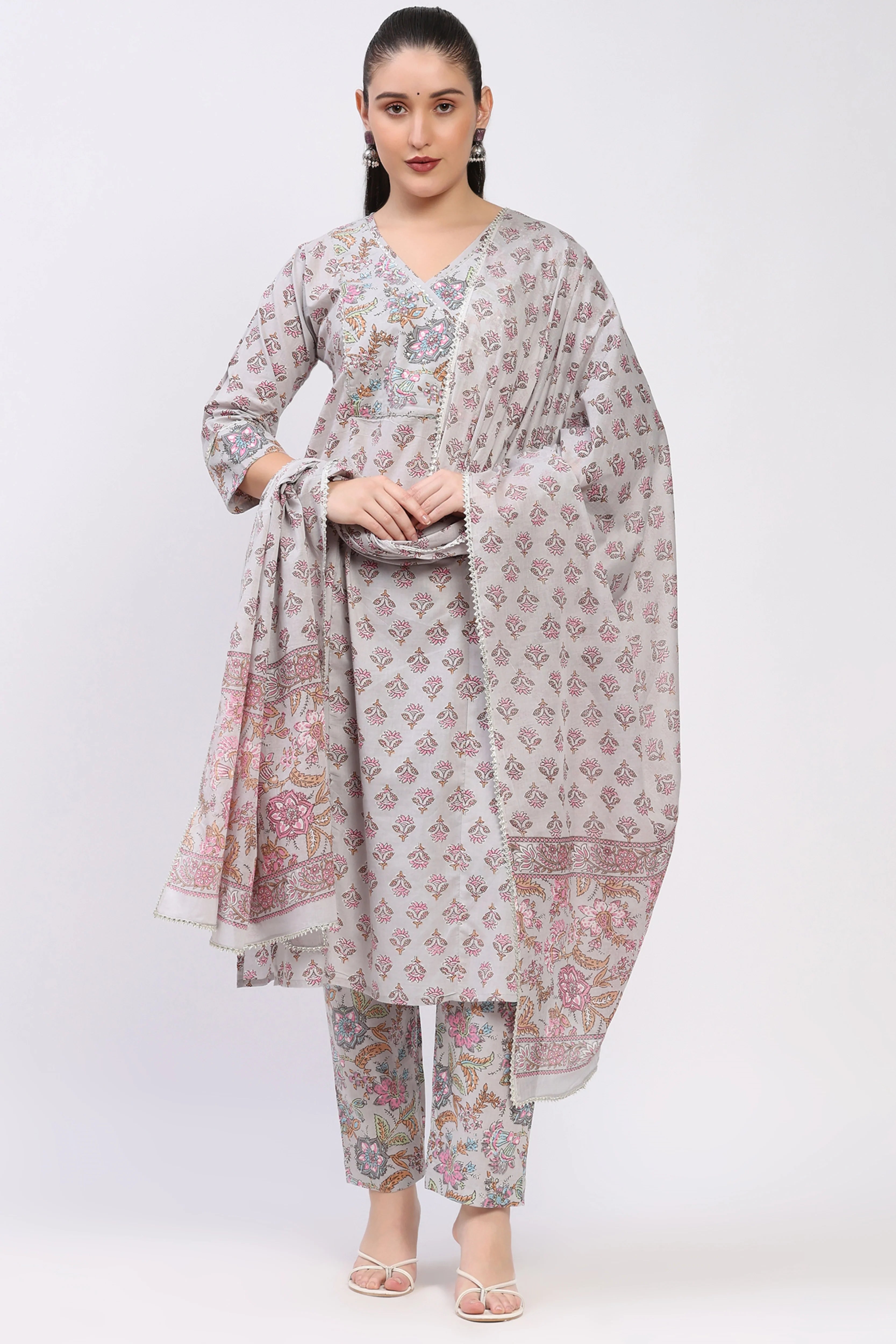 Grey Floral Cotton Suit Set-Global Republic