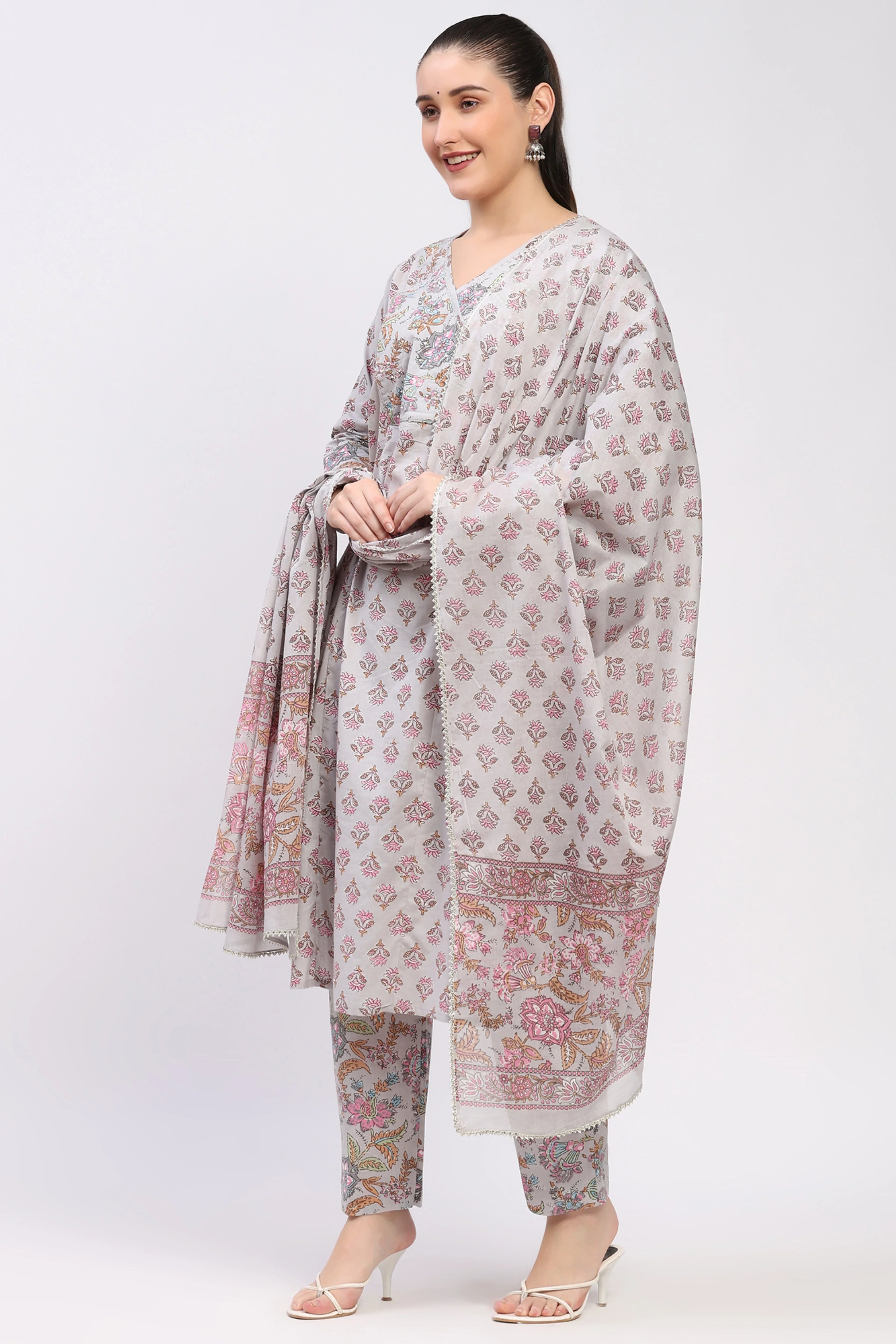 Grey Floral Cotton Suit Set-Global Republic