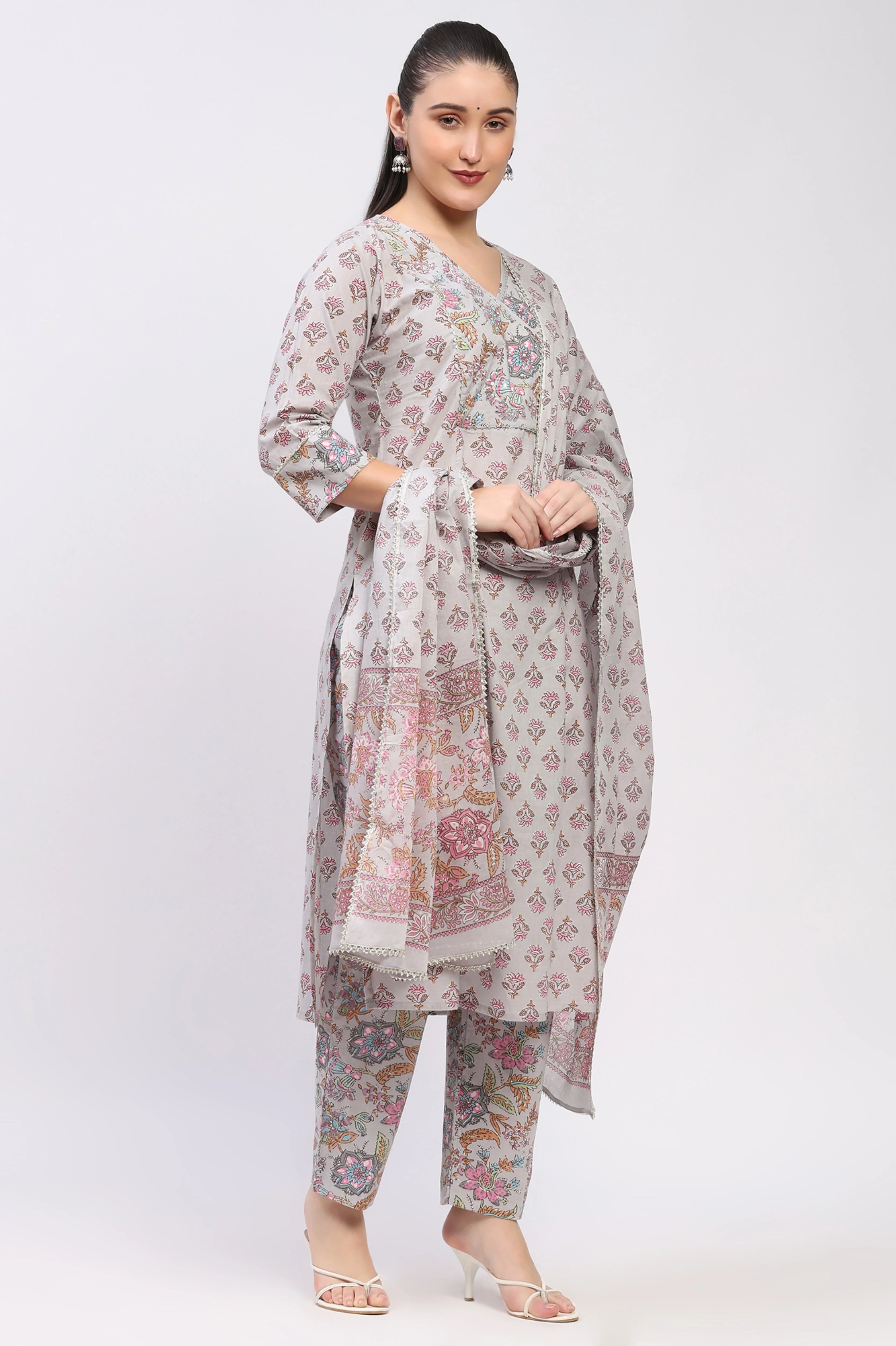 Grey Floral Cotton Suit Set-Global Republic