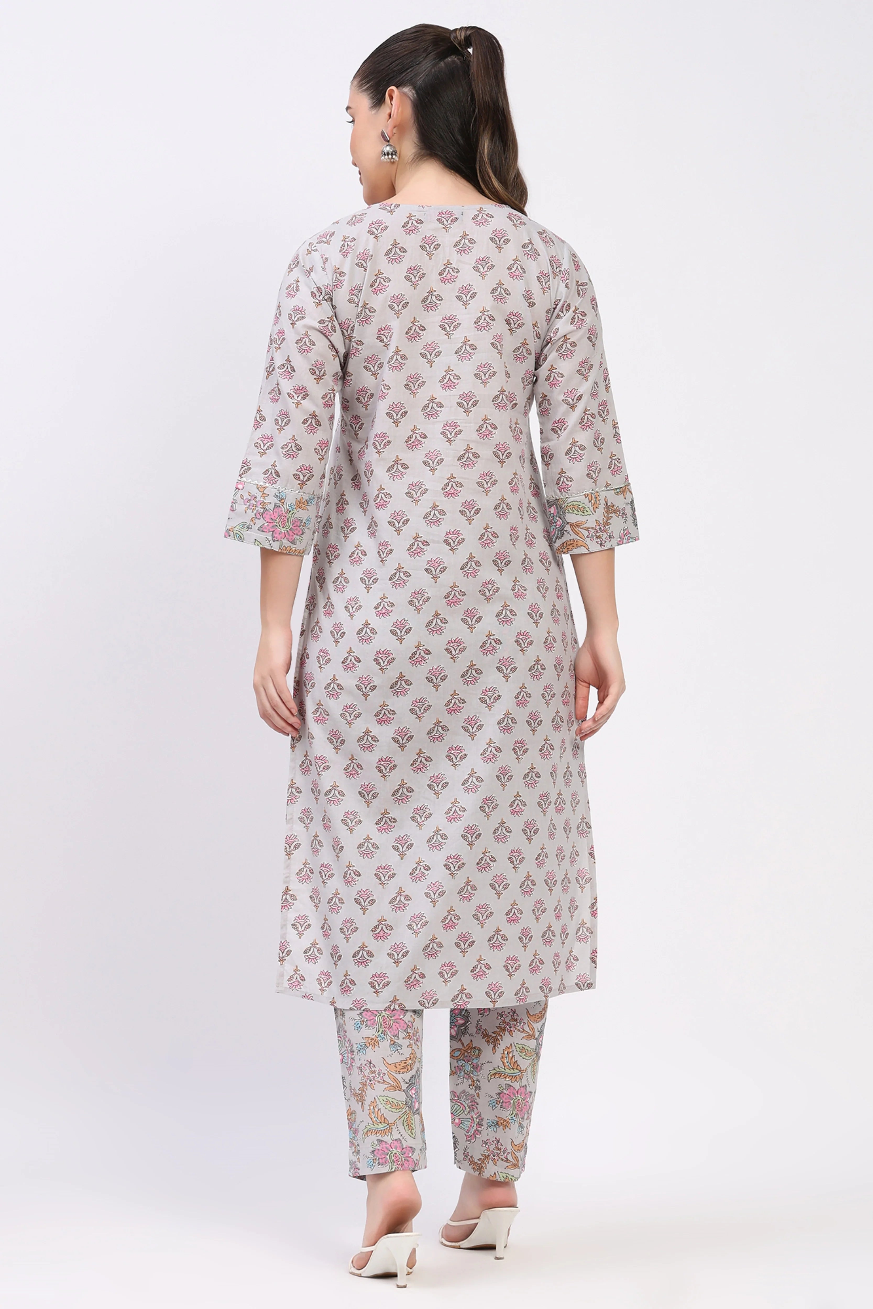 Grey Floral Cotton Suit Set-Global Republic