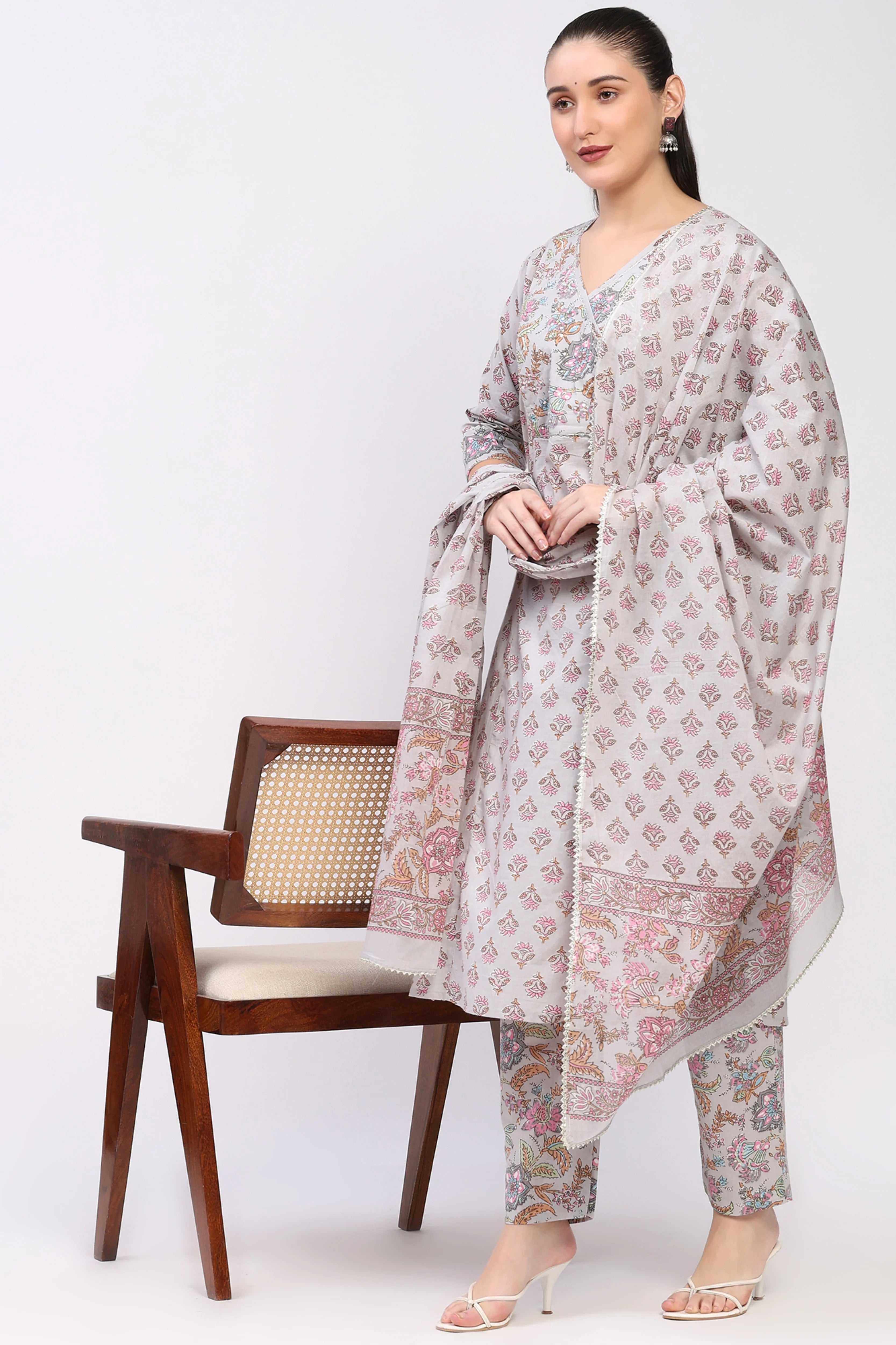 Grey Floral Cotton Suit Set-Global Republic
