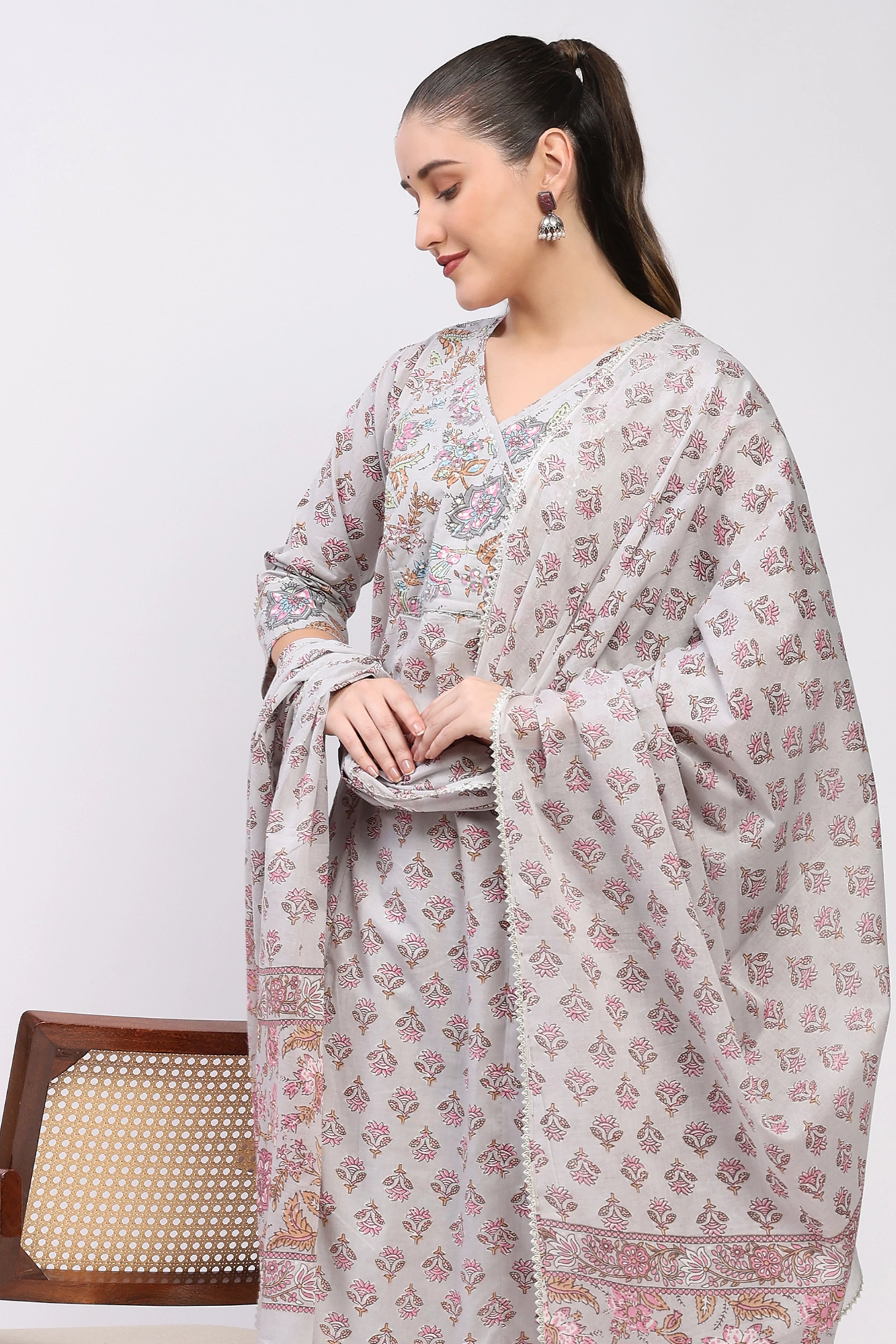Grey Floral Cotton Suit Set-Global Republic