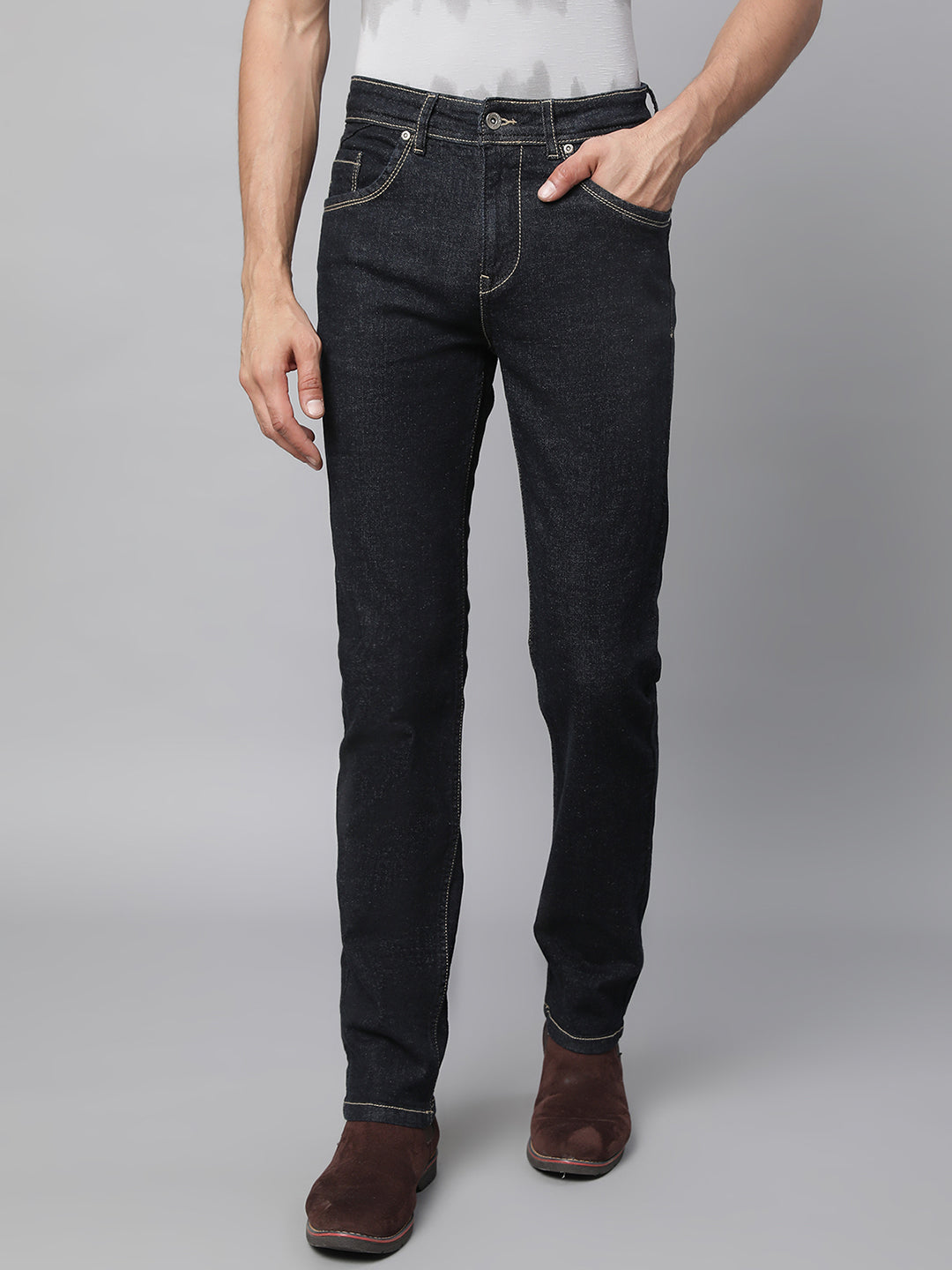 Mens Raw Black Cotton Solid Jeans