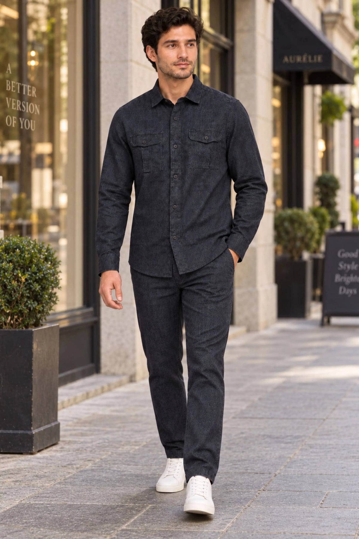 Navy Blue Lyocell Straight-Fit Trousers-Global Republic