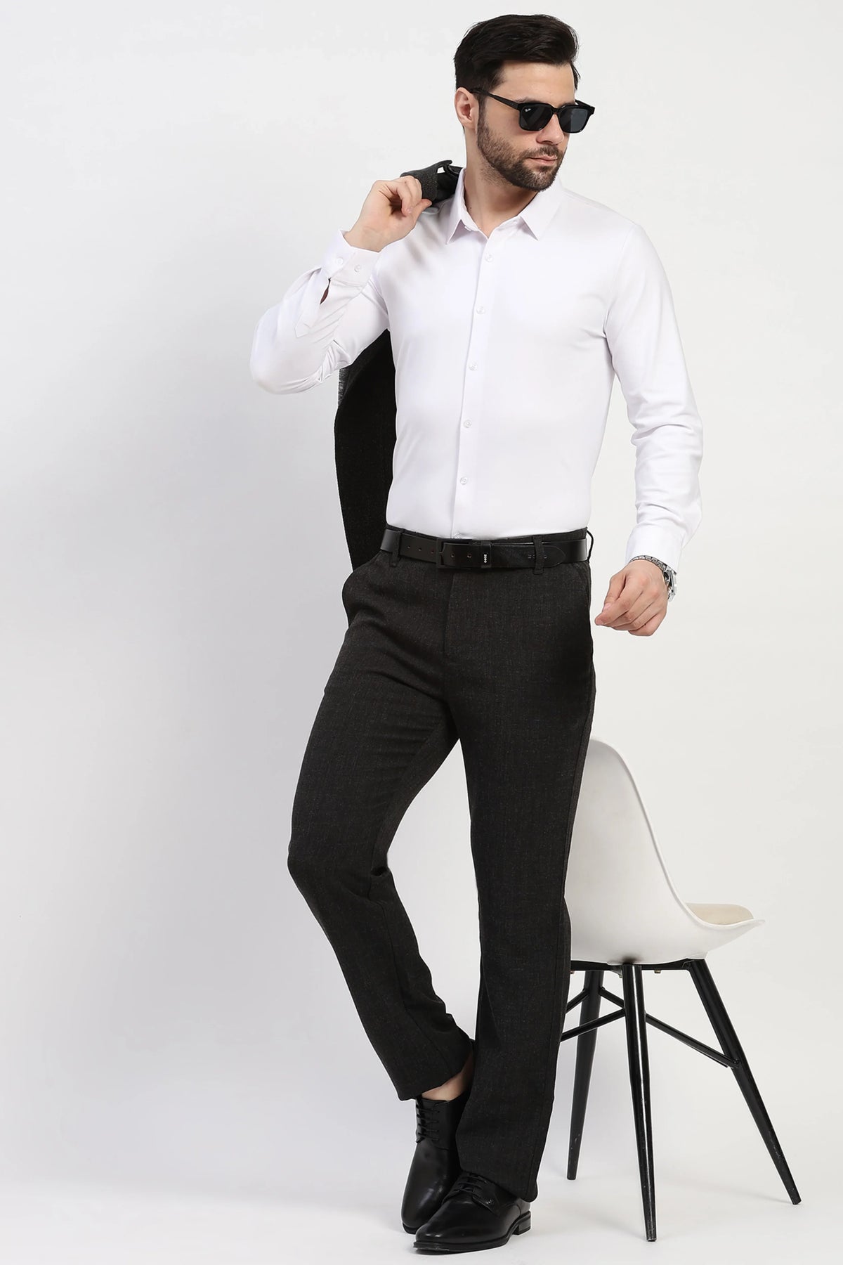 Black Solid Melange Straight-Fit Trousers-Global Republic